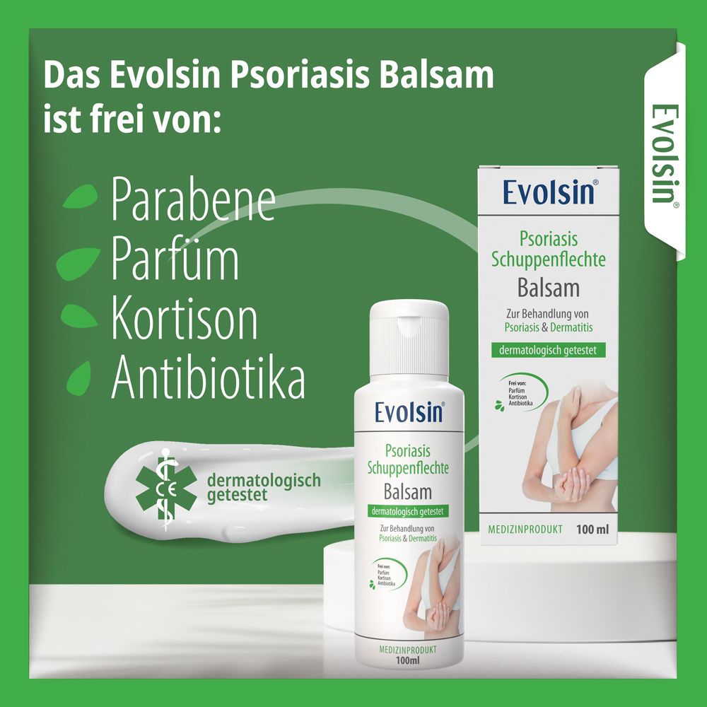 Evolsin Psoriasis Balsam: dermatologisch getestet & frei von Problemstoffen.