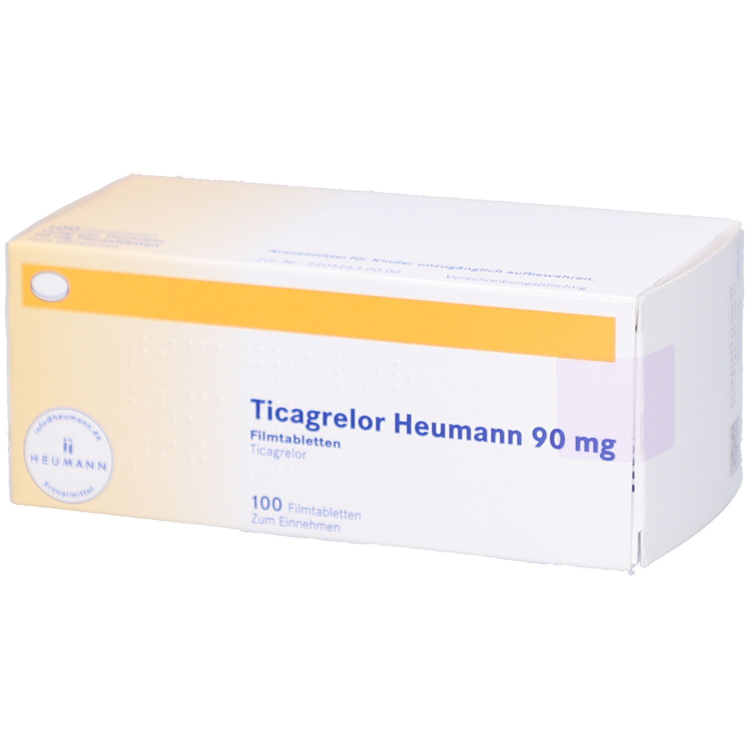 Schachtel mit Ticagrelor Heumann 90 mg Filmtabletten. Aufschrift: 100 Filmtabletten. Gelber Streifen und Logo.