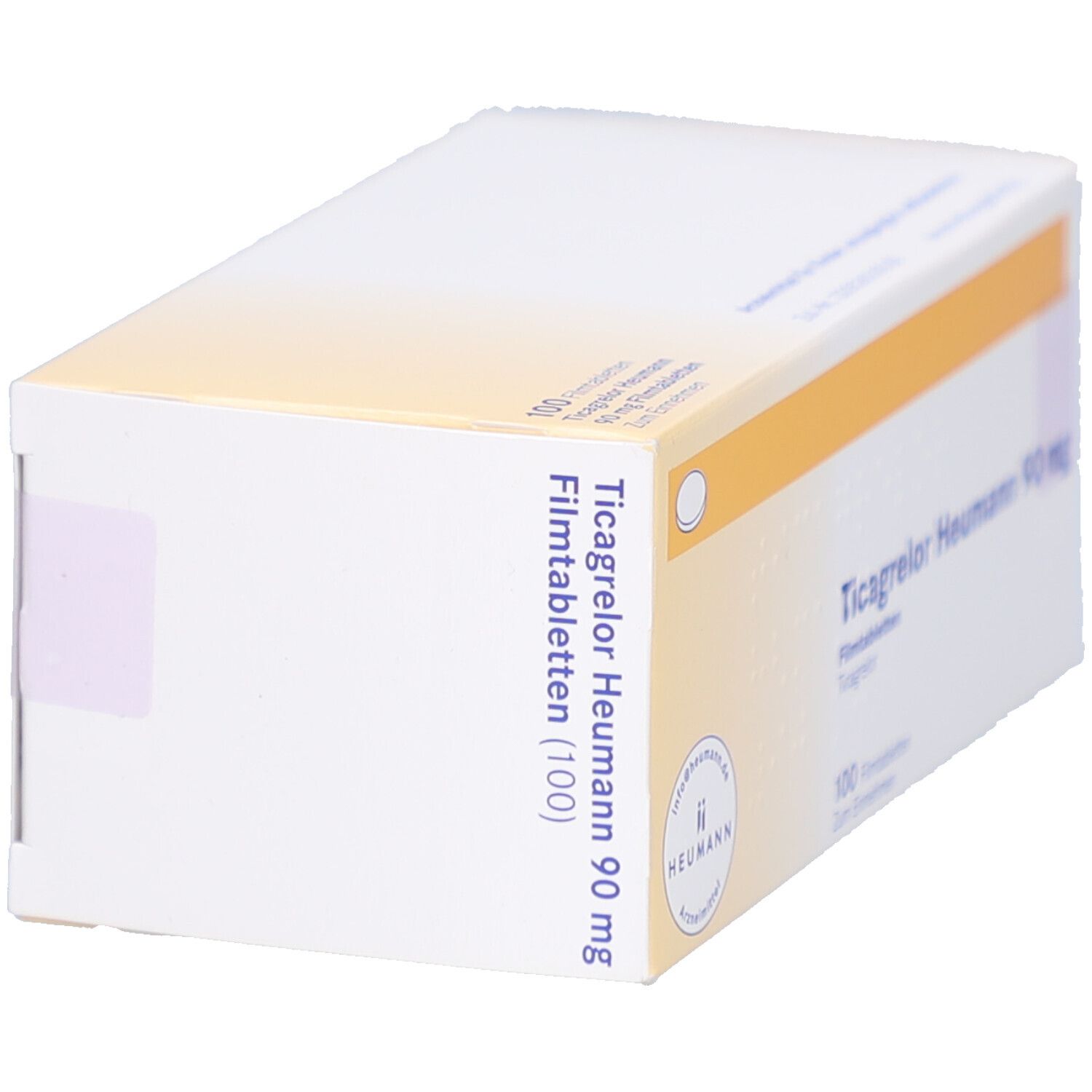 Schachtel mit Ticagrelor Heumann 90 mg Filmtabletten. Aufschrift: 100 Filmtabletten. Seitenansicht mit gelbem Streifen.