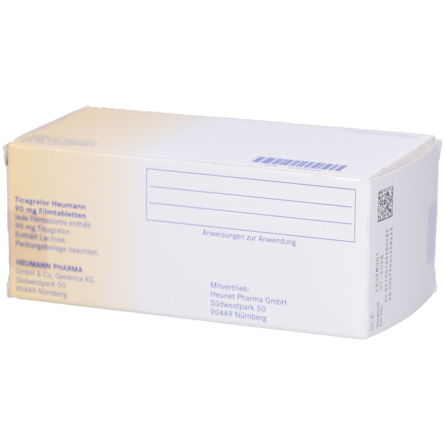 Rückseite der Schachtel mit Ticagrelor Heumann 90 mg Filmtabletten. Textfelder und Barcode.