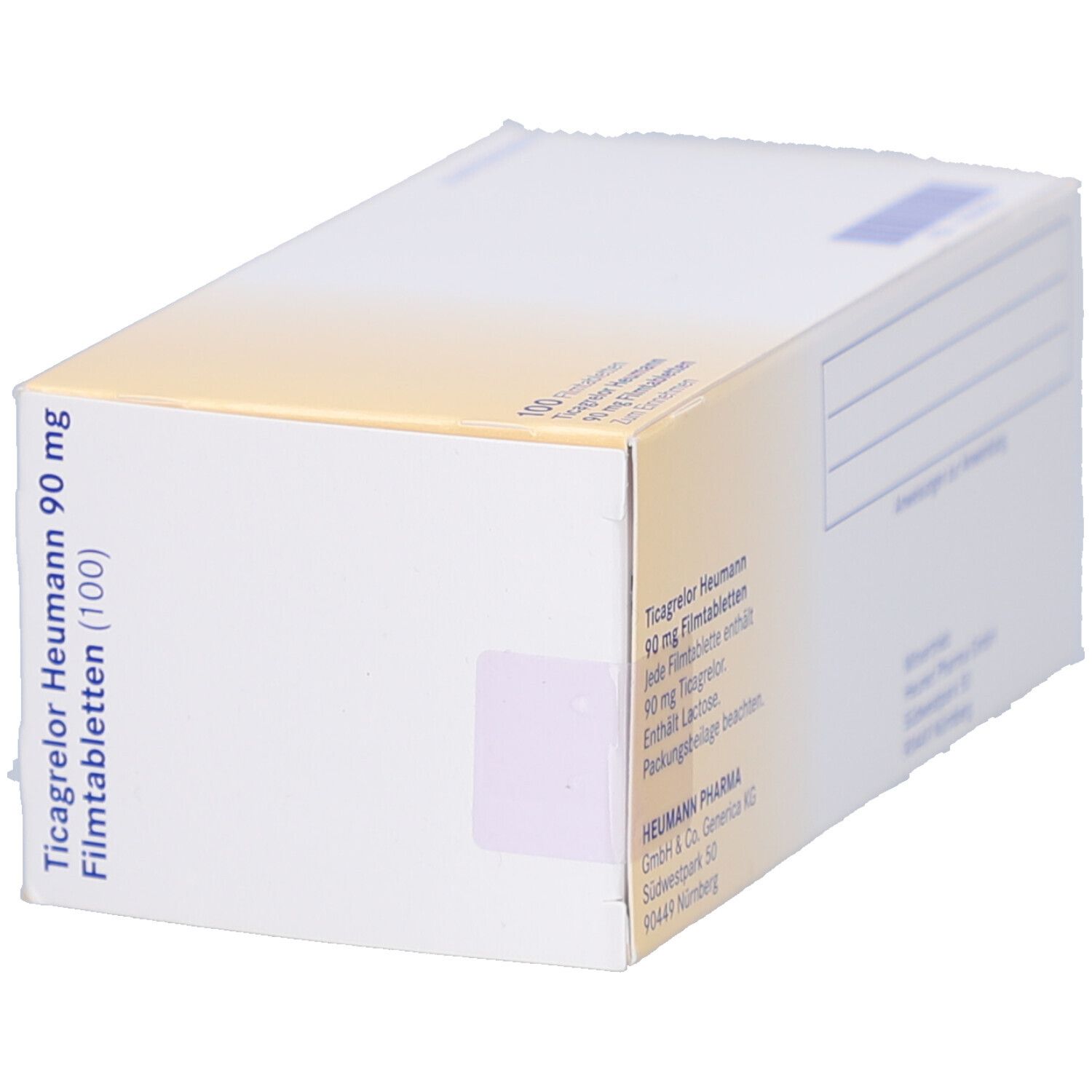 Schachtel mit Ticagrelor Heumann 90 mg Filmtabletten. Aufschrift: 100 Filmtabletten. Seitenansicht mit Text.
