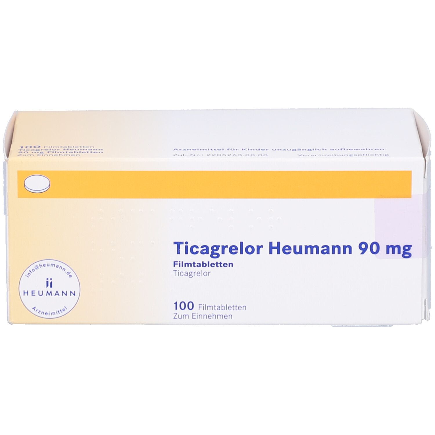 Schachtel mit Ticagrelor Heumann 90 mg Filmtabletten. Aufschrift: 100 Filmtabletten. Gelber Streifen und Logo.
