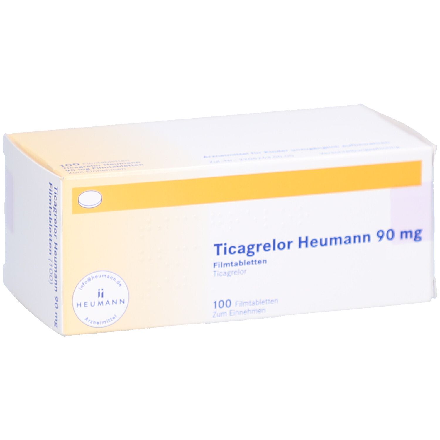 Schachtel mit Ticagrelor Heumann 90 mg Filmtabletten. Aufschrift: 100 Filmtabletten. Gelber Streifen und Logo.