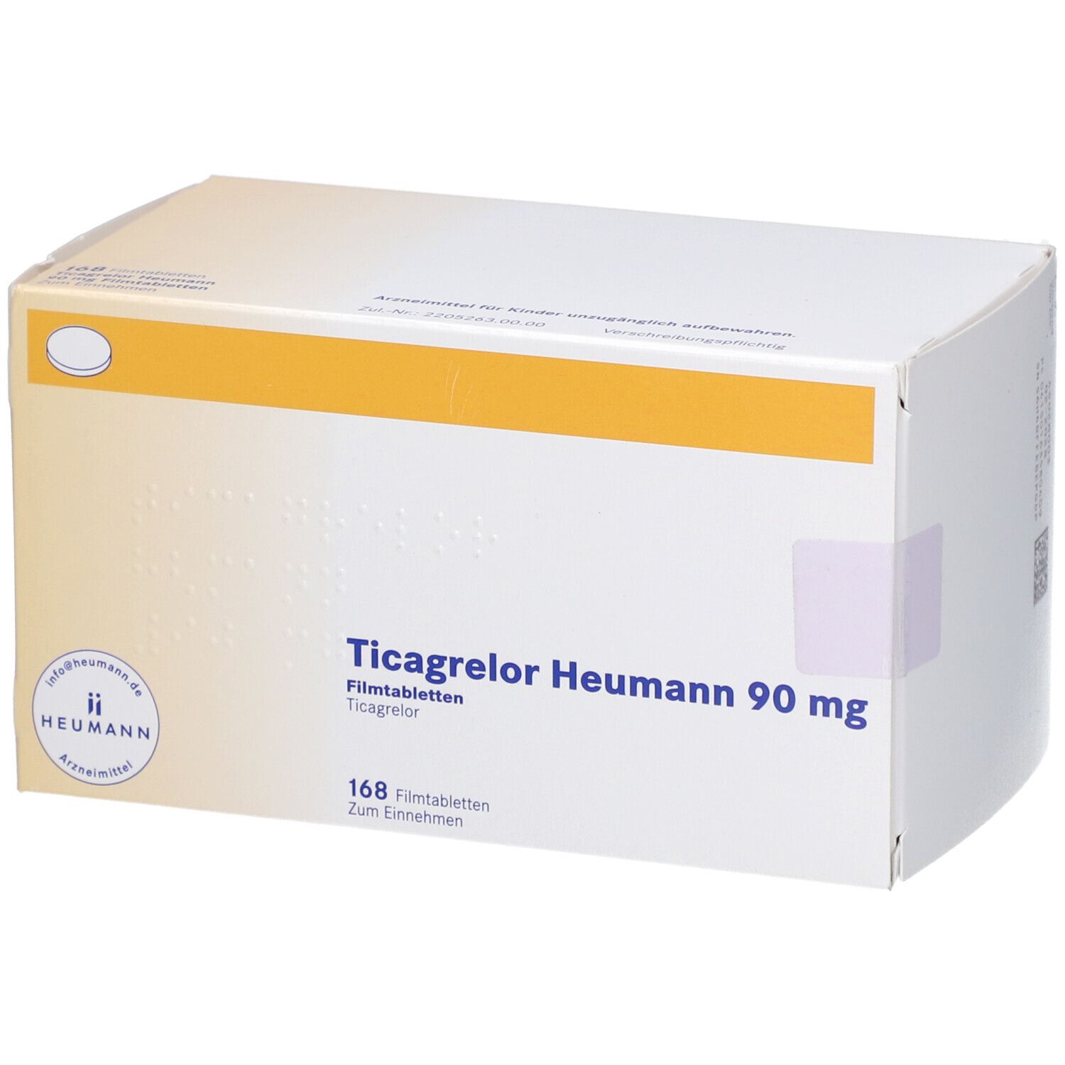 Schachtel mit Ticagrelor Heumann 90 mg Filmtabletten. Aufschrift: 168 Filmtabletten. Gelber Streifen oben.