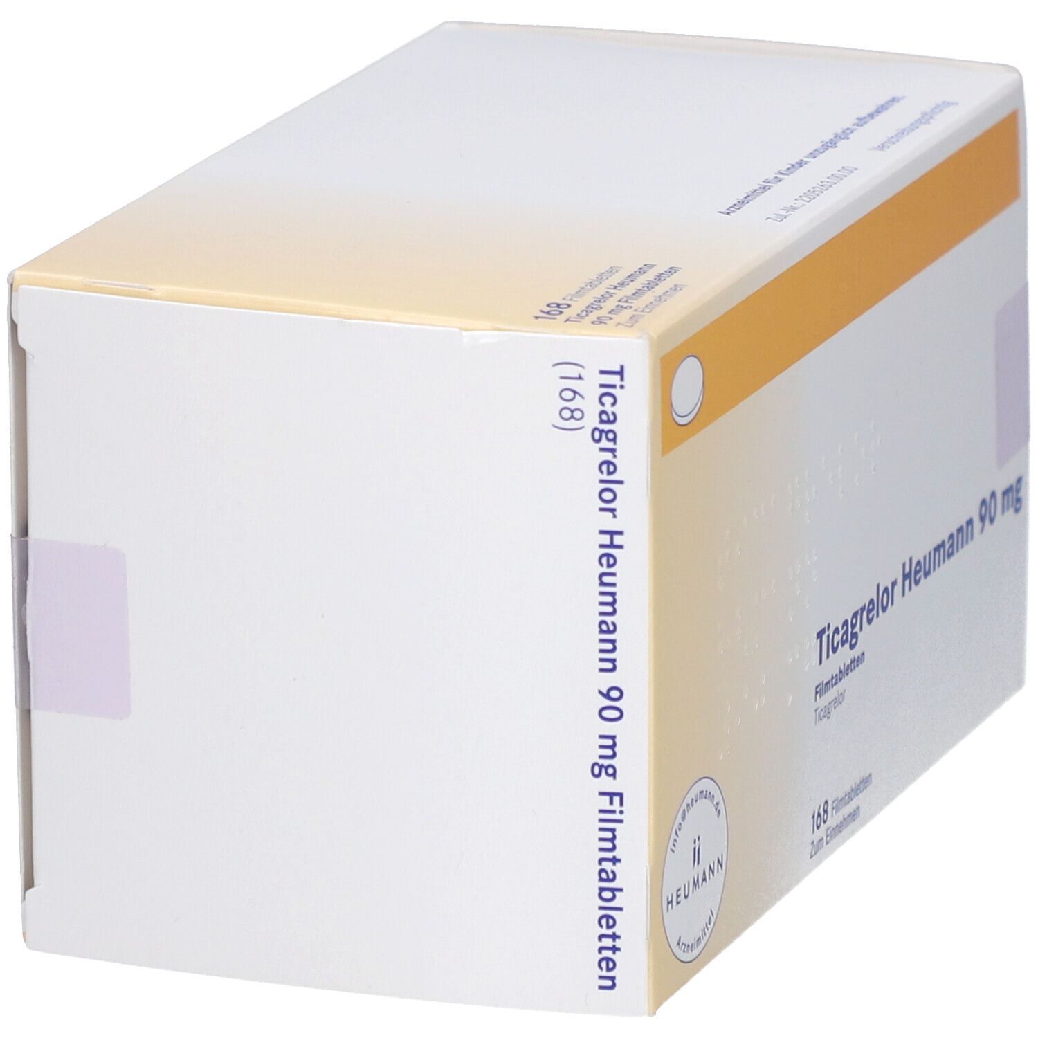 Schachtel mit TICAGRELOR Heumann 90 mg Filmtabletten. Weiße Schachtel mit gelbem Akzent. Aufdruck: Produktname, Dosierung, Anzahl.