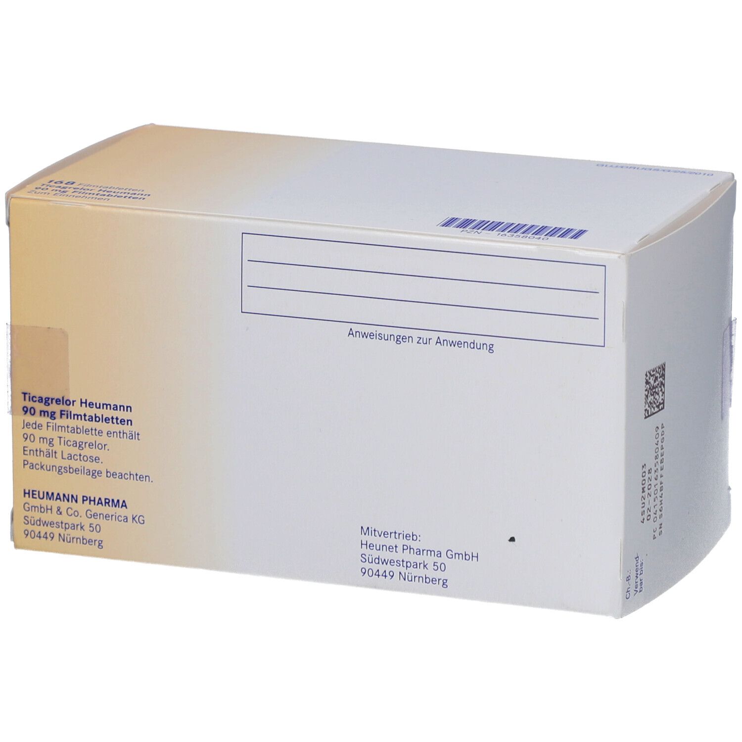 Rückseite der Schachtel mit TICAGRELOR Heumann 90 mg Filmtabletten. Text: Produktinformationen, Herstelleradresse, Barcode.