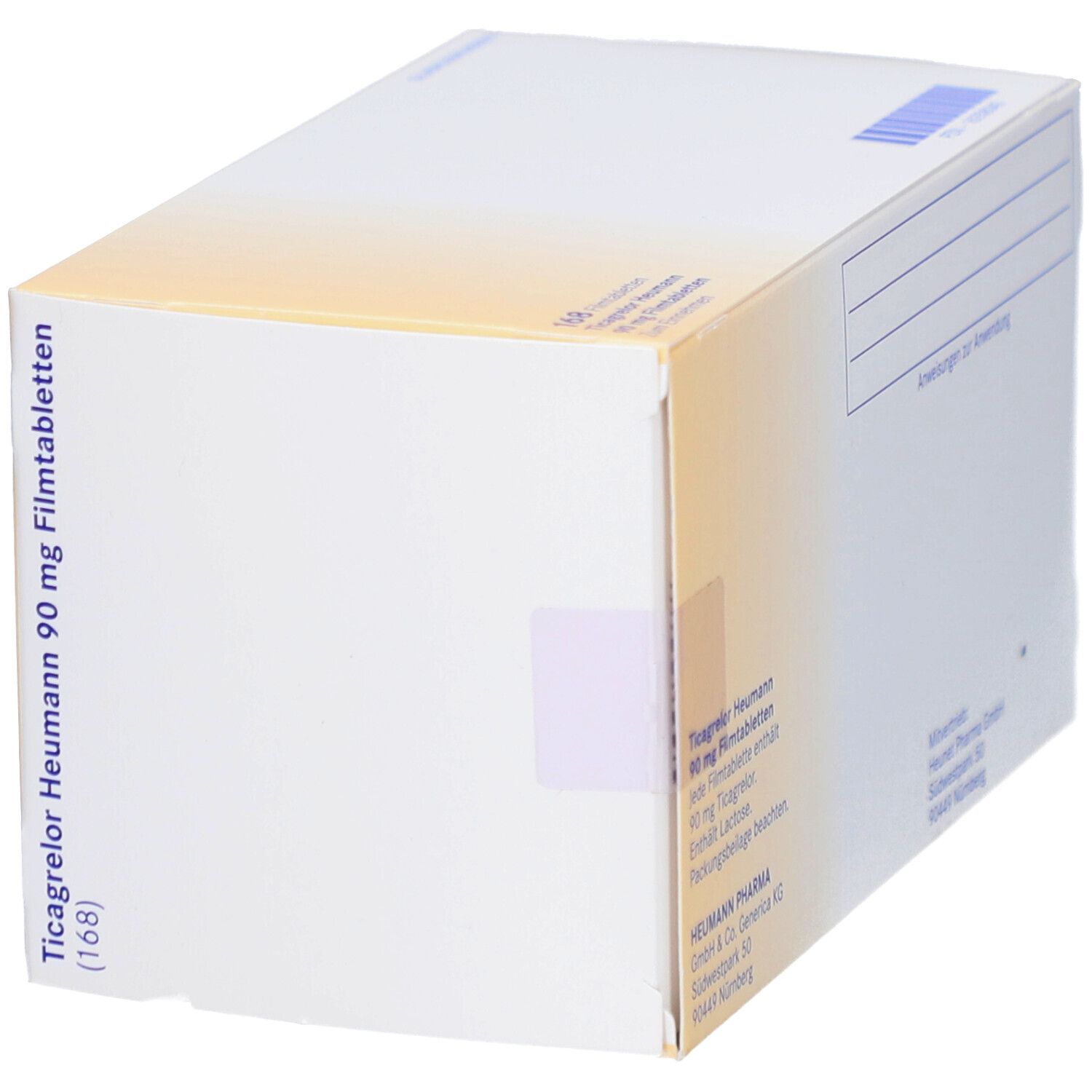 Schachtel mit TICAGRELOR Heumann 90 mg Filmtabletten. Weiße Schachtel mit gelbem Akzent. Produktname und Dosierung sichtbar.