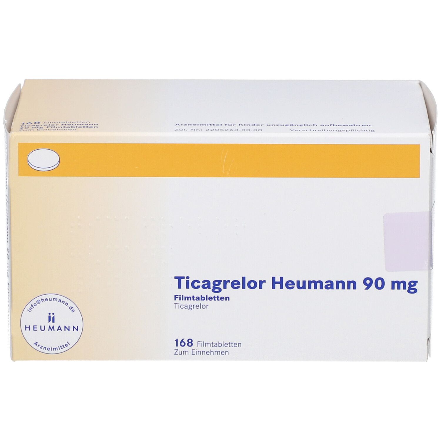 Schachtel mit Ticagrelor Heumann 90 mg Filmtabletten. Aufschrift: 168 Filmtabletten. Logo Heumann.