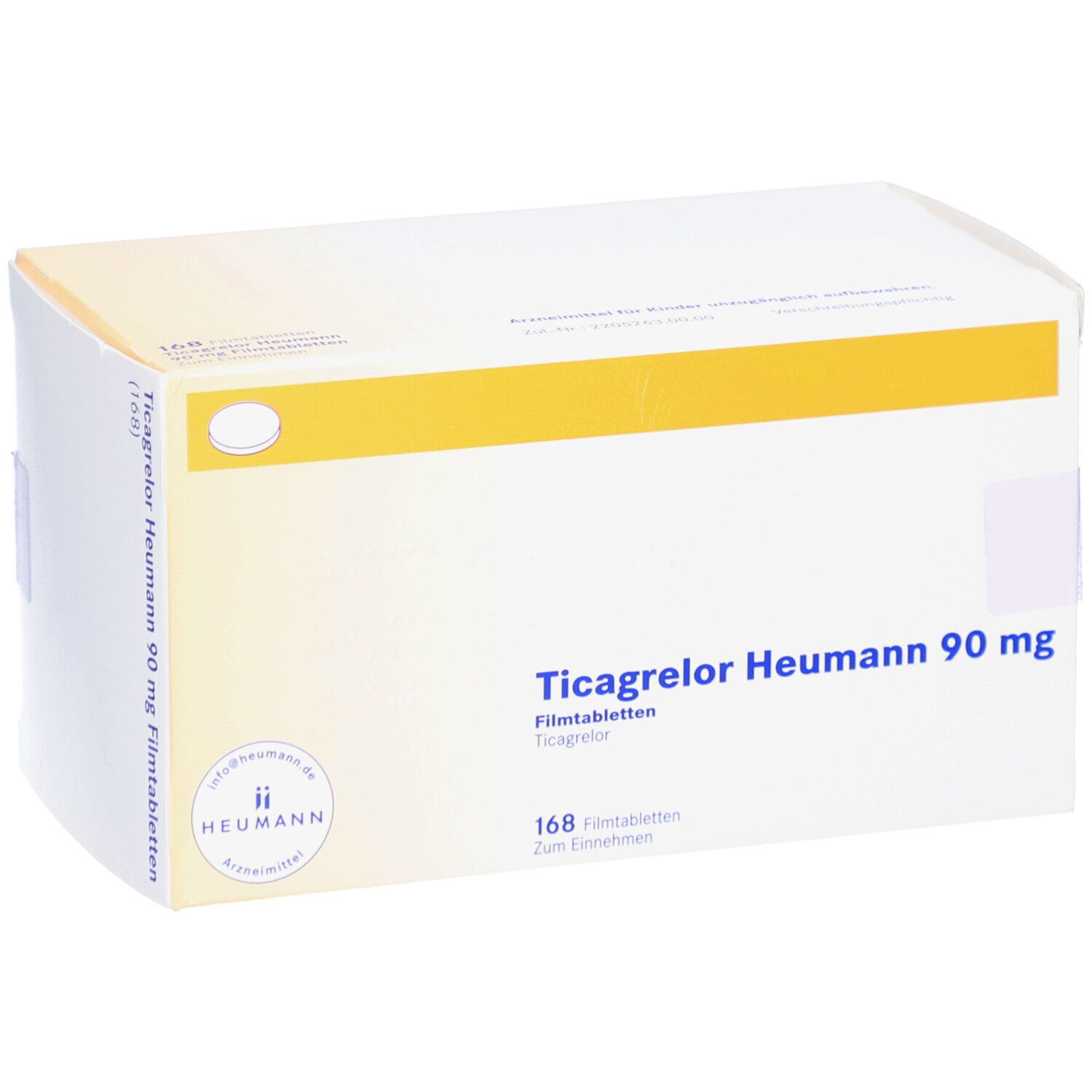 Geöffnete Schachtel mit TICAGRELOR Heumann 90 mg Filmtabletten. Produktname, Dosierung und Anzahl der Tabletten sichtbar.