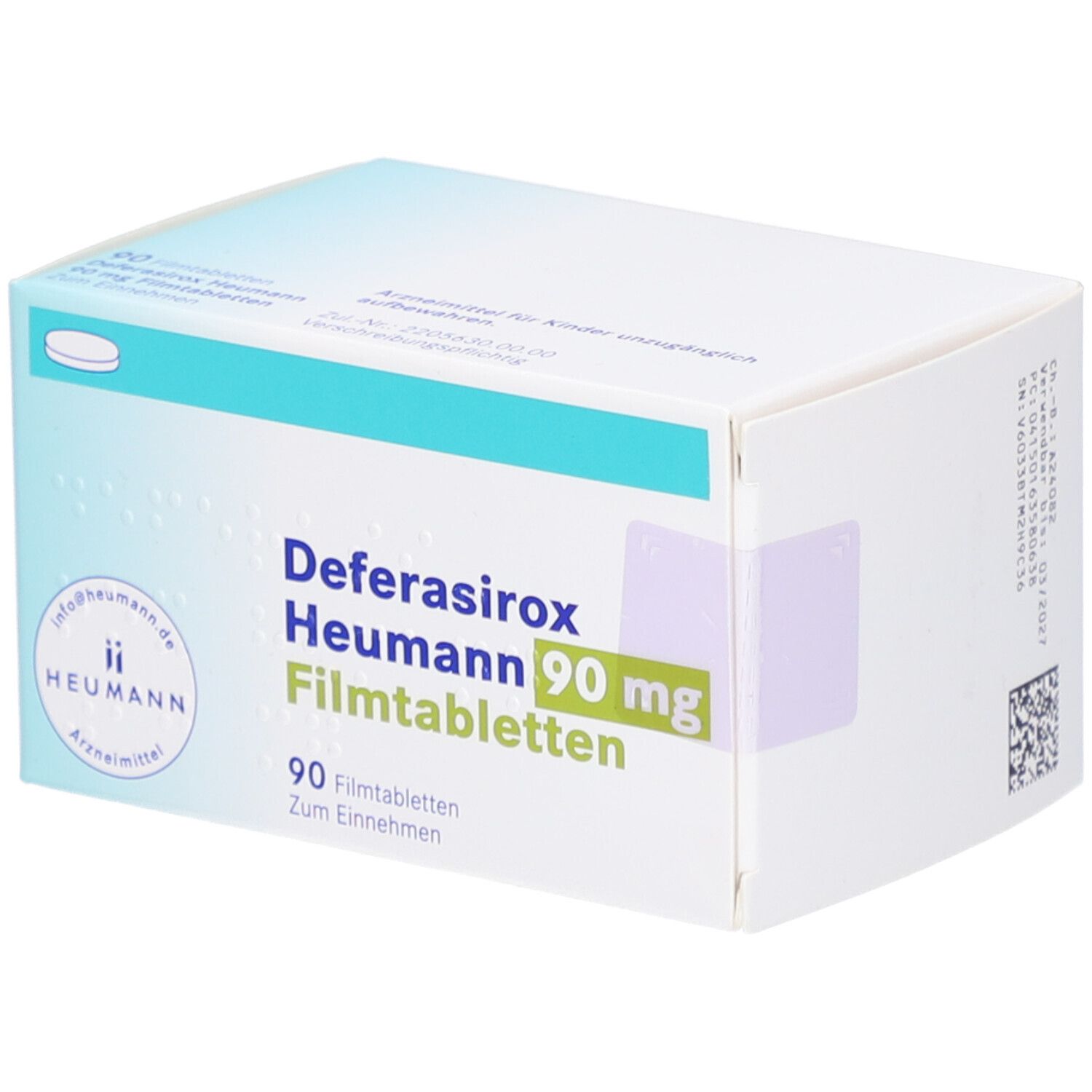 Schachtel mit DEFERASIROX Heumann 90 mg Filmtabletten. Aufschrift: 90 Filmtabletten. Marke: Heumann.