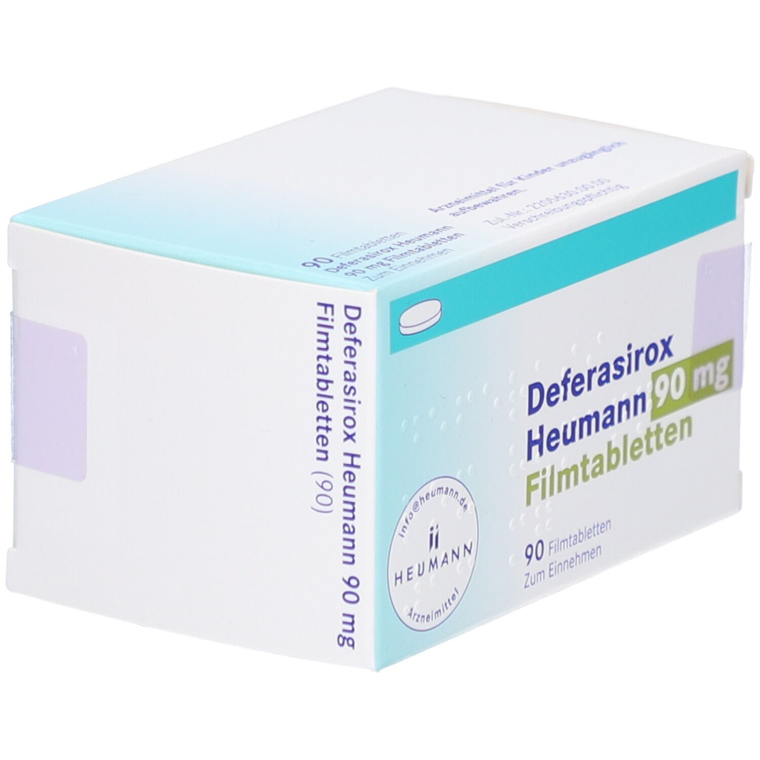 Schachtel mit DEFERASIROX Heumann 90 mg Filmtabletten. Aufschrift: 90 Filmtabletten. Marke: Heumann.