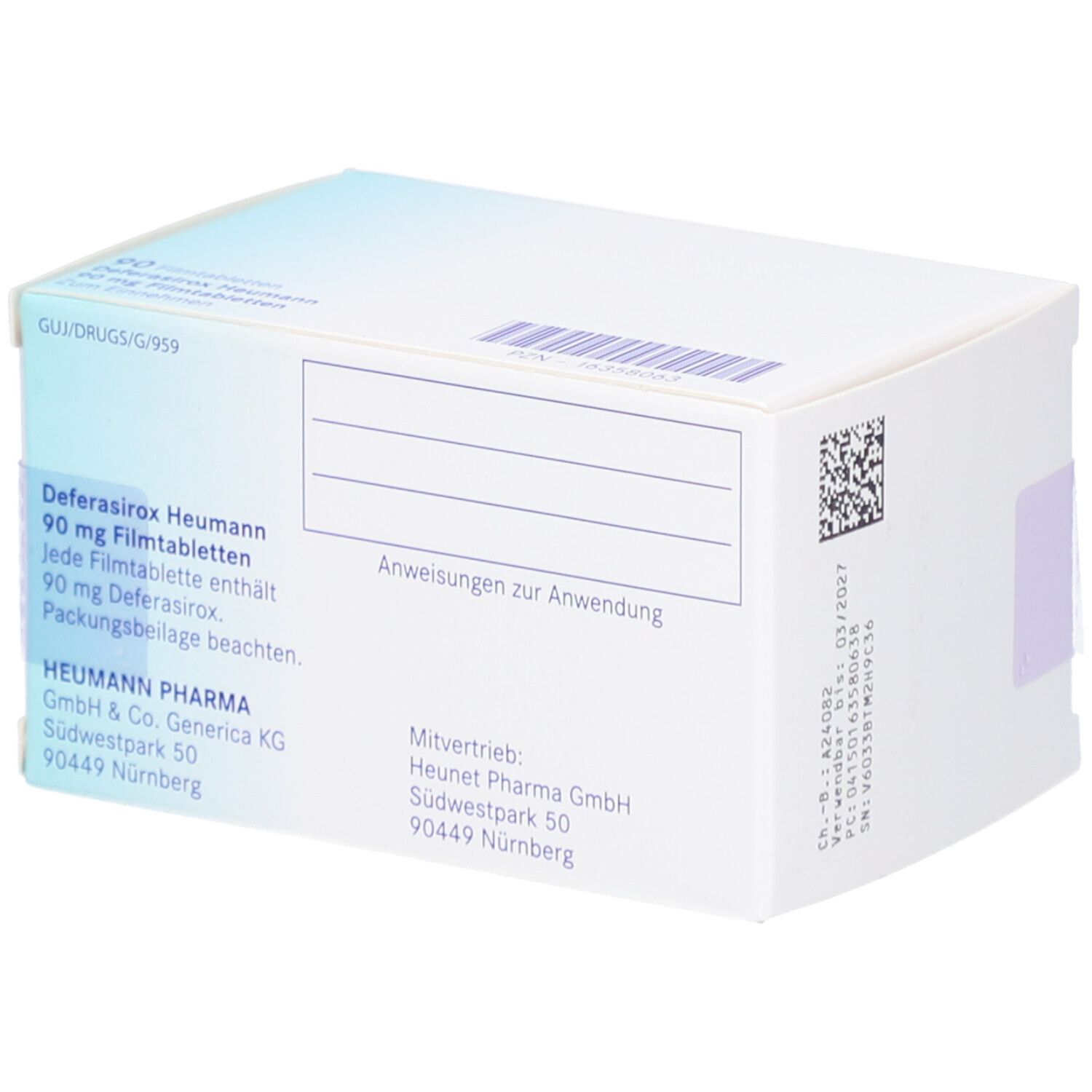 Rückseite der Schachtel mit DEFERASIROX Heumann 90 mg Filmtabletten. Text: Anweisungen zur Anwendung. Herstellerinformationen.