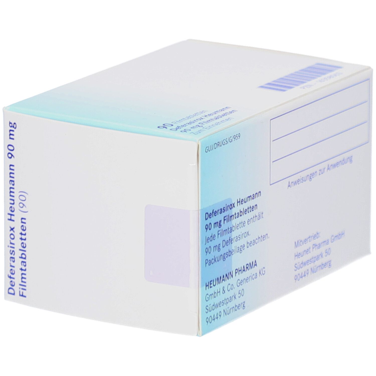 Rückseite der Schachtel mit DEFERASIROX Heumann 90 mg Filmtabletten. Text: Anweisungen zur Anwendung. Herstellerinformationen.