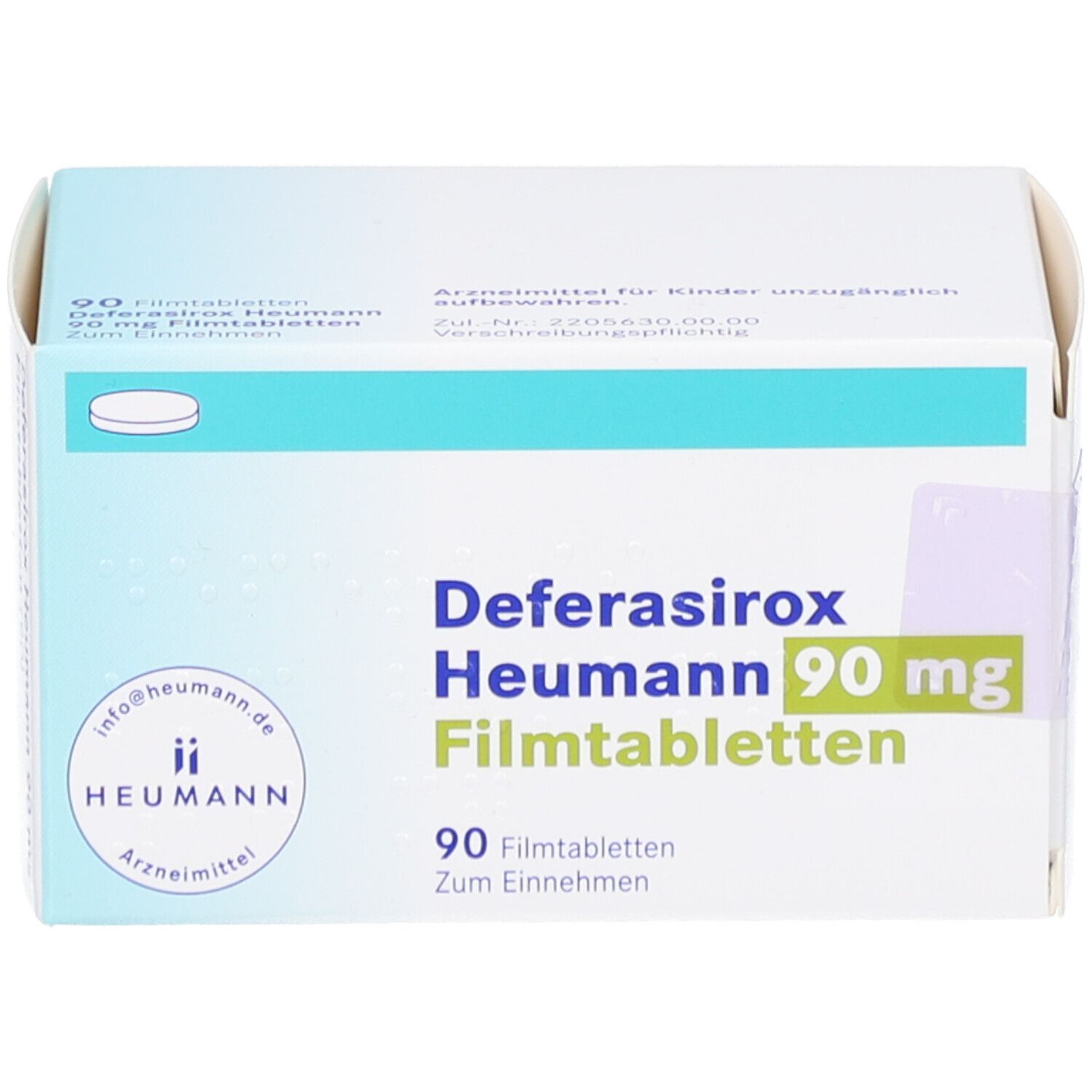 Schachtel mit DEFERASIROX Heumann 90 mg Filmtabletten. Aufschrift: 90 Filmtabletten. Marke: Heumann.