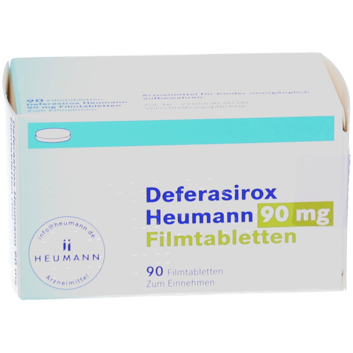 Schachtel mit DEFERASIROX Heumann 90 mg Filmtabletten. Aufschrift: 90 Filmtabletten. Marke: Heumann.