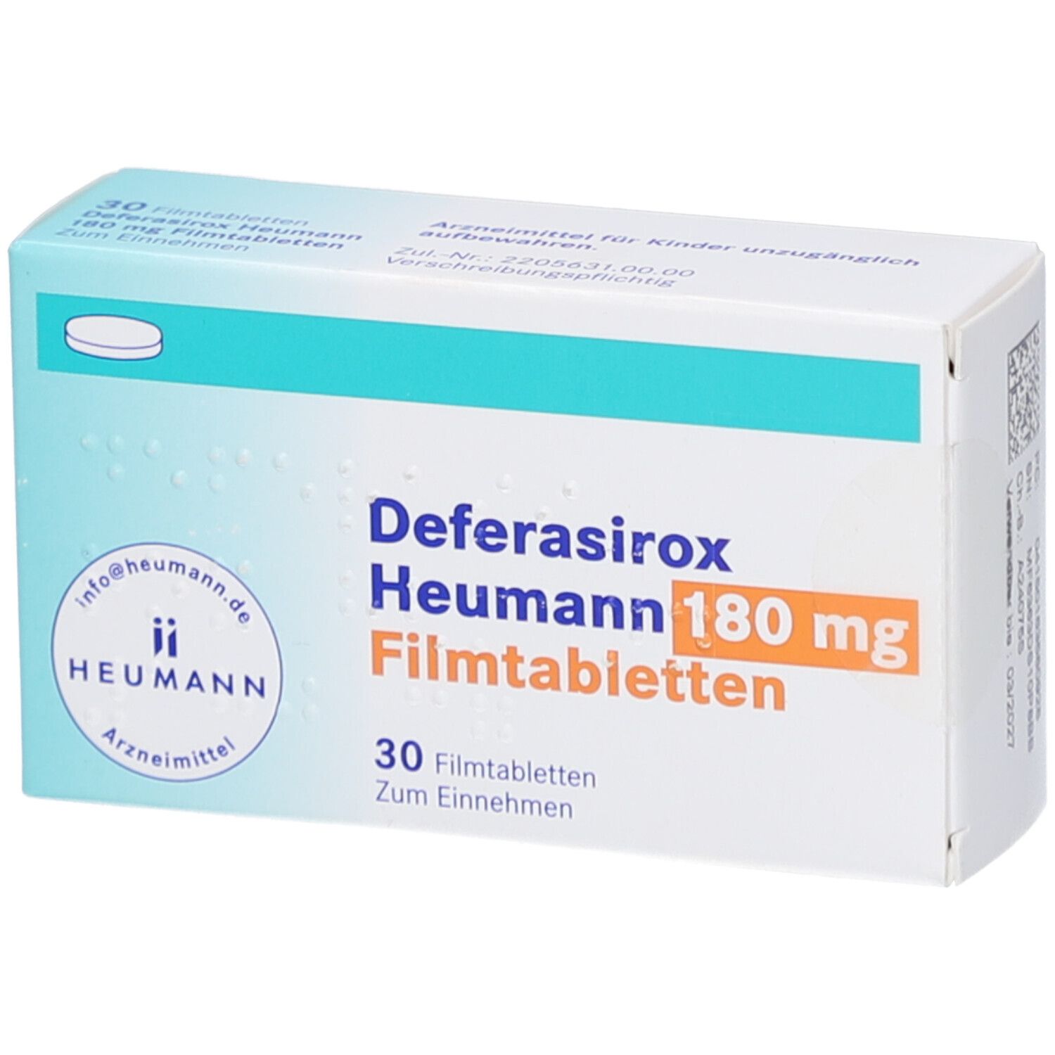 Schachtel mit Deferasirox Heumann 180 mg Filmtabletten. Aufschrift: 30 Filmtabletten. Marke: Heumann.