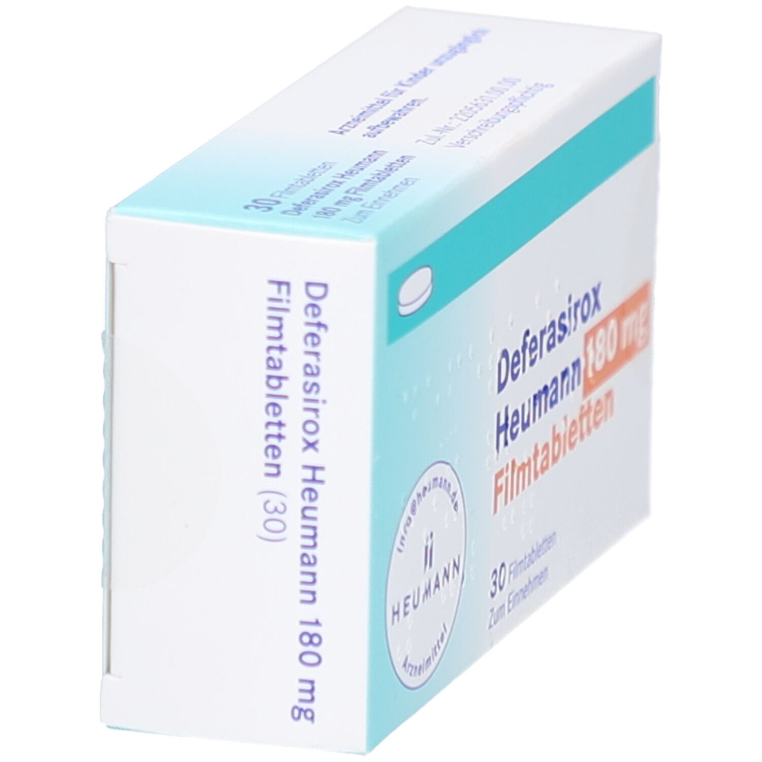 Schachtel Deferasirox Heumann 180 mg Filmtabletten, schräg. Aufschrift: 30 Filmtabletten. Marke: Heumann.