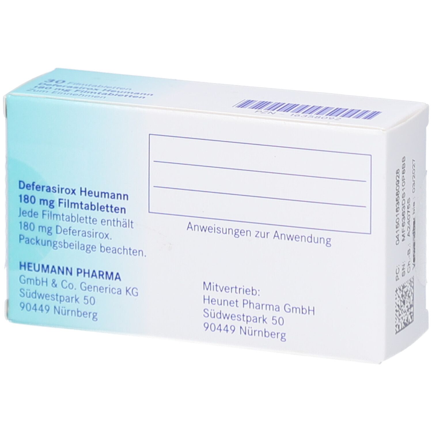 Rückseite der Schachtel Deferasirox Heumann 180 mg Filmtabletten. Text: Anweisungen zur Anwendung, Herstellerinformationen.