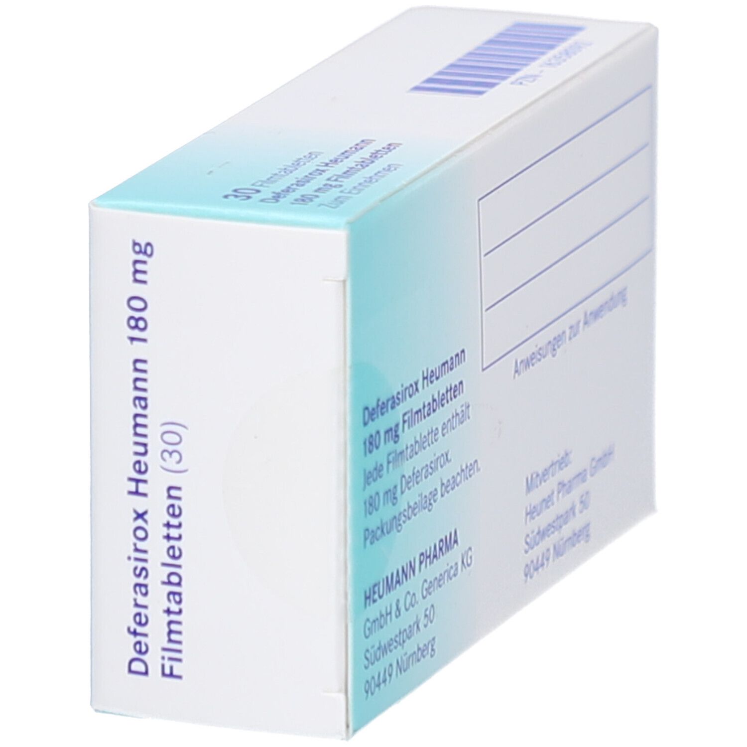 Schachtel Deferasirox Heumann 180 mg Filmtabletten, schräg. Aufschrift: 30 Filmtabletten. Marke: Heumann.