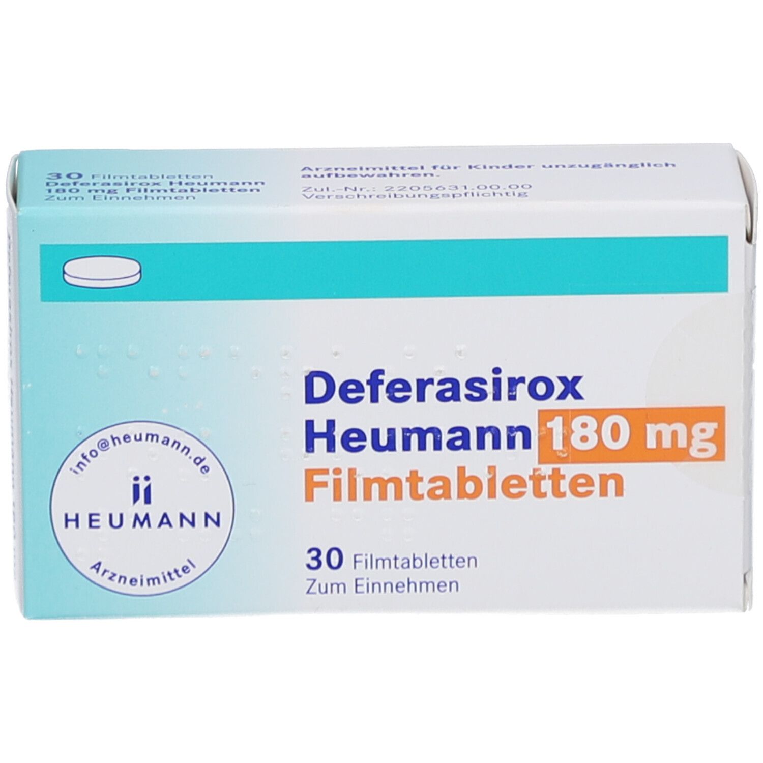 Schachtel mit Deferasirox Heumann 180 mg Filmtabletten. Aufschrift: 30 Filmtabletten. Marke: Heumann.