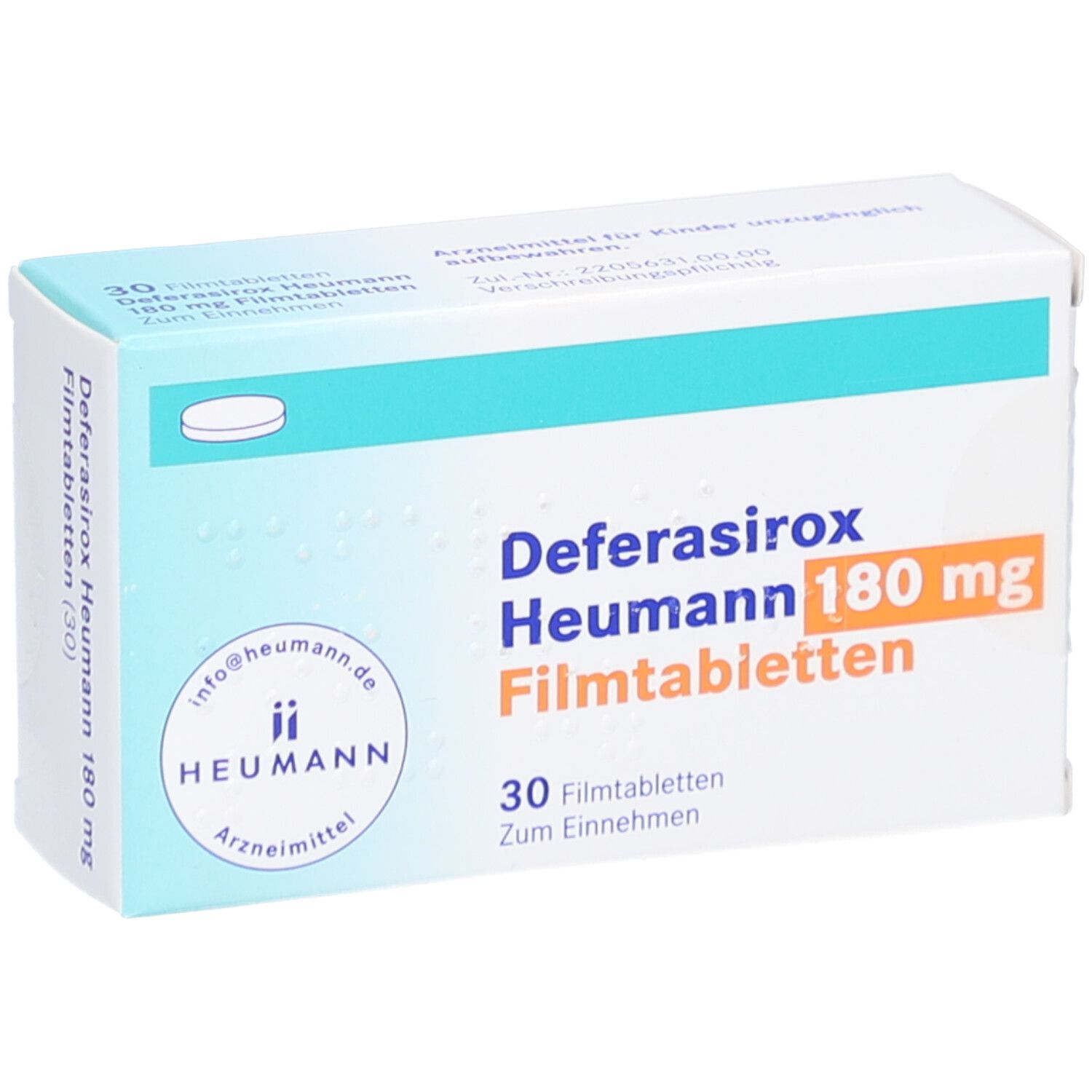 Schachtel mit Deferasirox Heumann 180 mg Filmtabletten. Aufschrift: 30 Filmtabletten. Marke: Heumann.