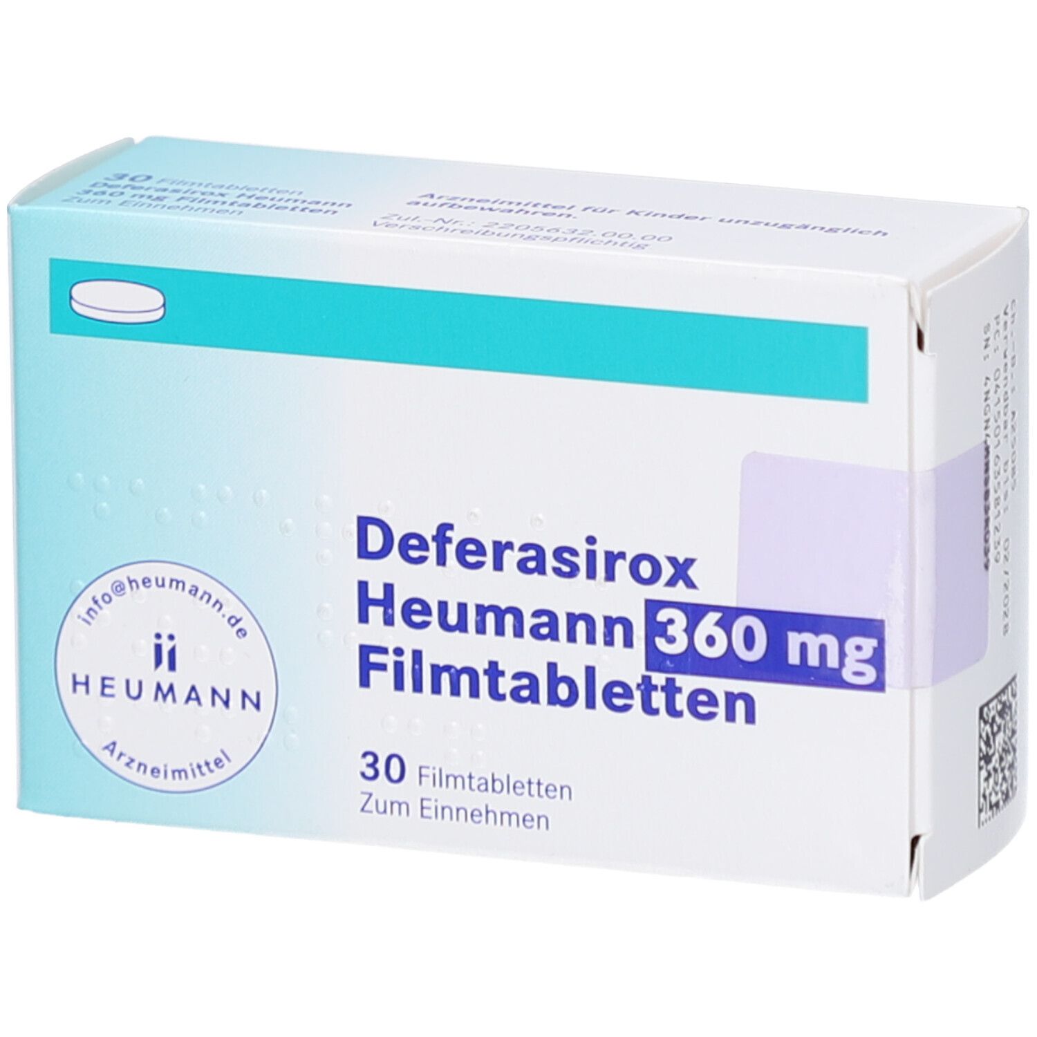 Schachtel mit Deferasirox Heumann 360 mg Filmtabletten. 30 Tabletten. Aufschrift: Heumann, Arznei.