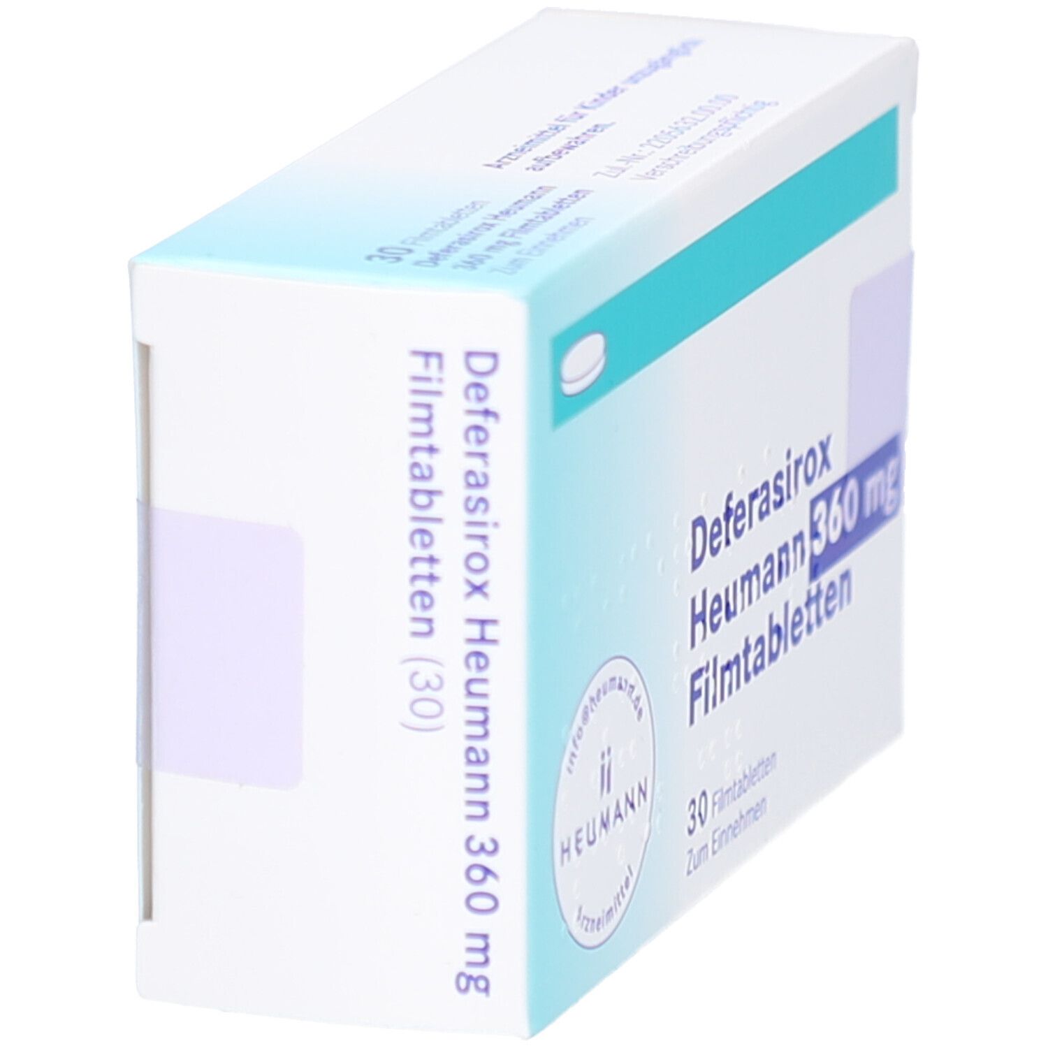 Schachtel Deferasirox Heumann 360 mg Filmtabletten. 30 Tabletten. Seitenansicht. Aufschrift: Heumann.