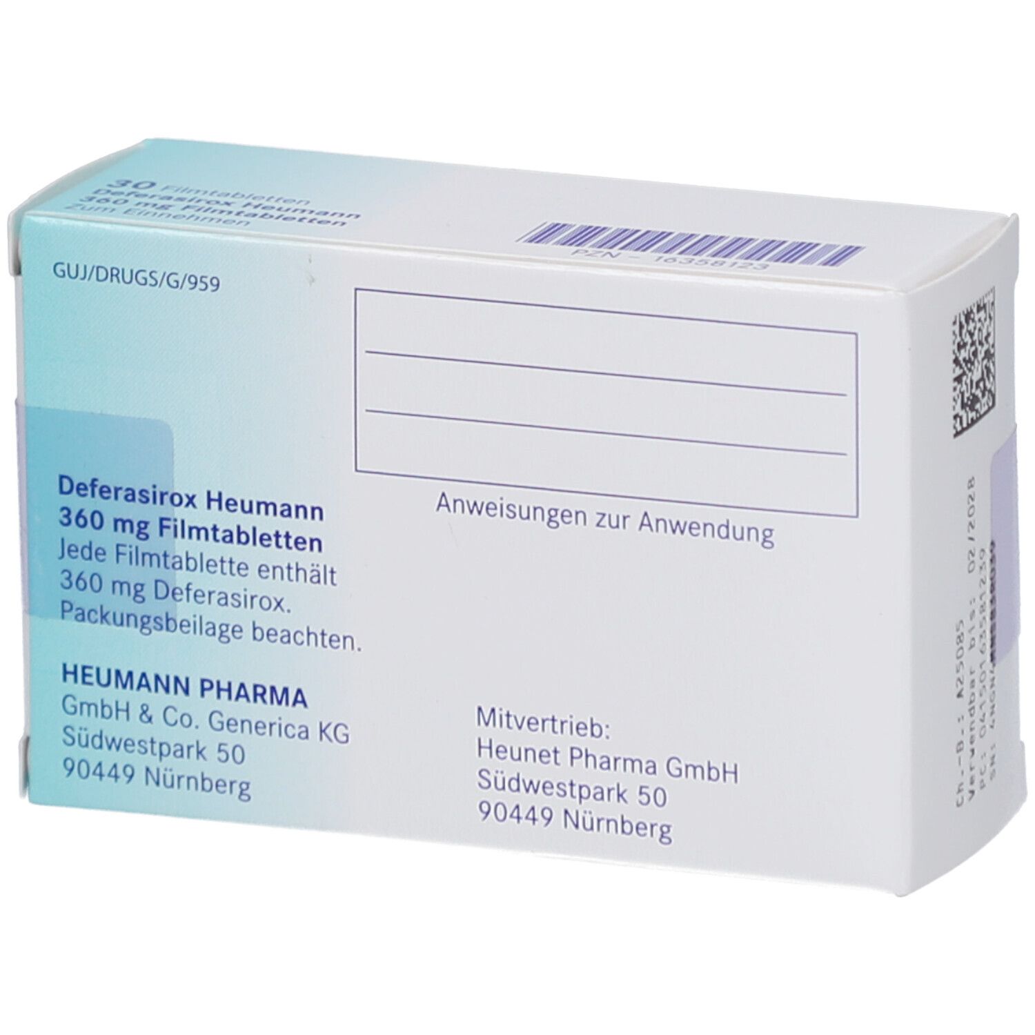 Rückseite der Schachtel Deferasirox Heumann 360 mg Filmtabletten. Angaben zur Anwendung und Hersteller.