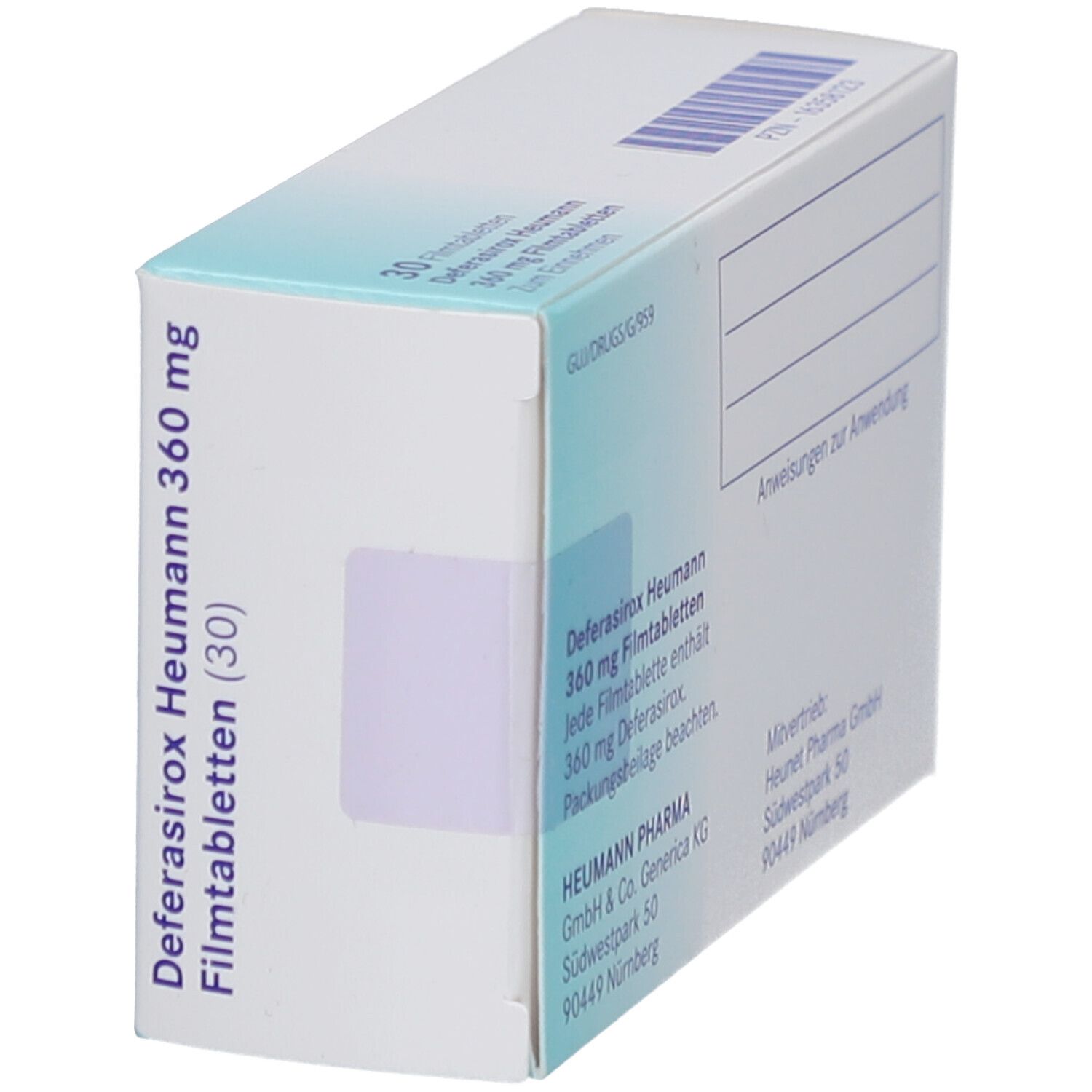 Schachtel Deferasirox Heumann 360 mg Filmtabletten. Seitenansicht. Angaben zur Anwendung.