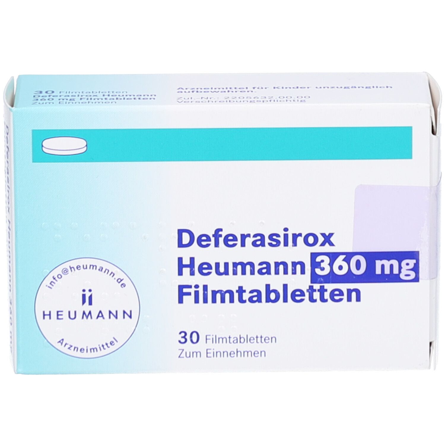 Vorderseite der Schachtel Deferasirox Heumann 360 mg Filmtabletten. 30 Tabletten. Aufschrift: Heumann, Arznei.