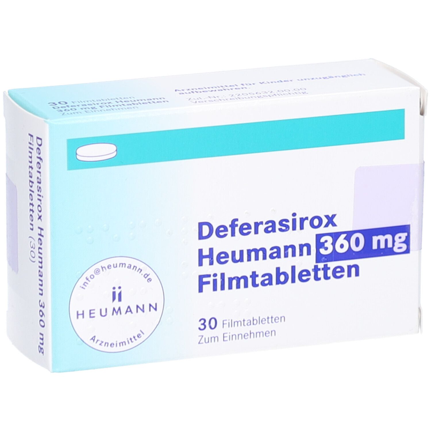 Vorderseite der Schachtel Deferasirox Heumann 360 mg Filmtabletten. 30 Tabletten. Aufschrift: Heumann, Arznei.