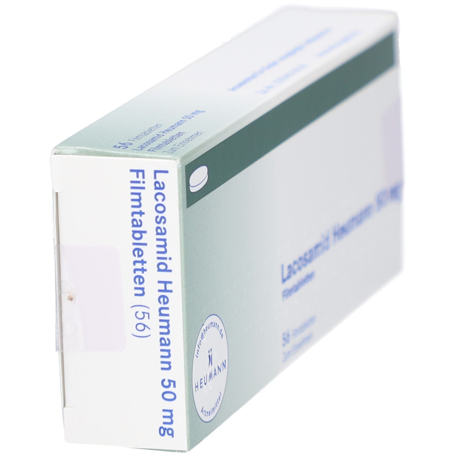 Schachtel LACOSAMID Heumann 50 mg Filmtabletten. Seitenansicht, Produktname und Logo sichtbar.
