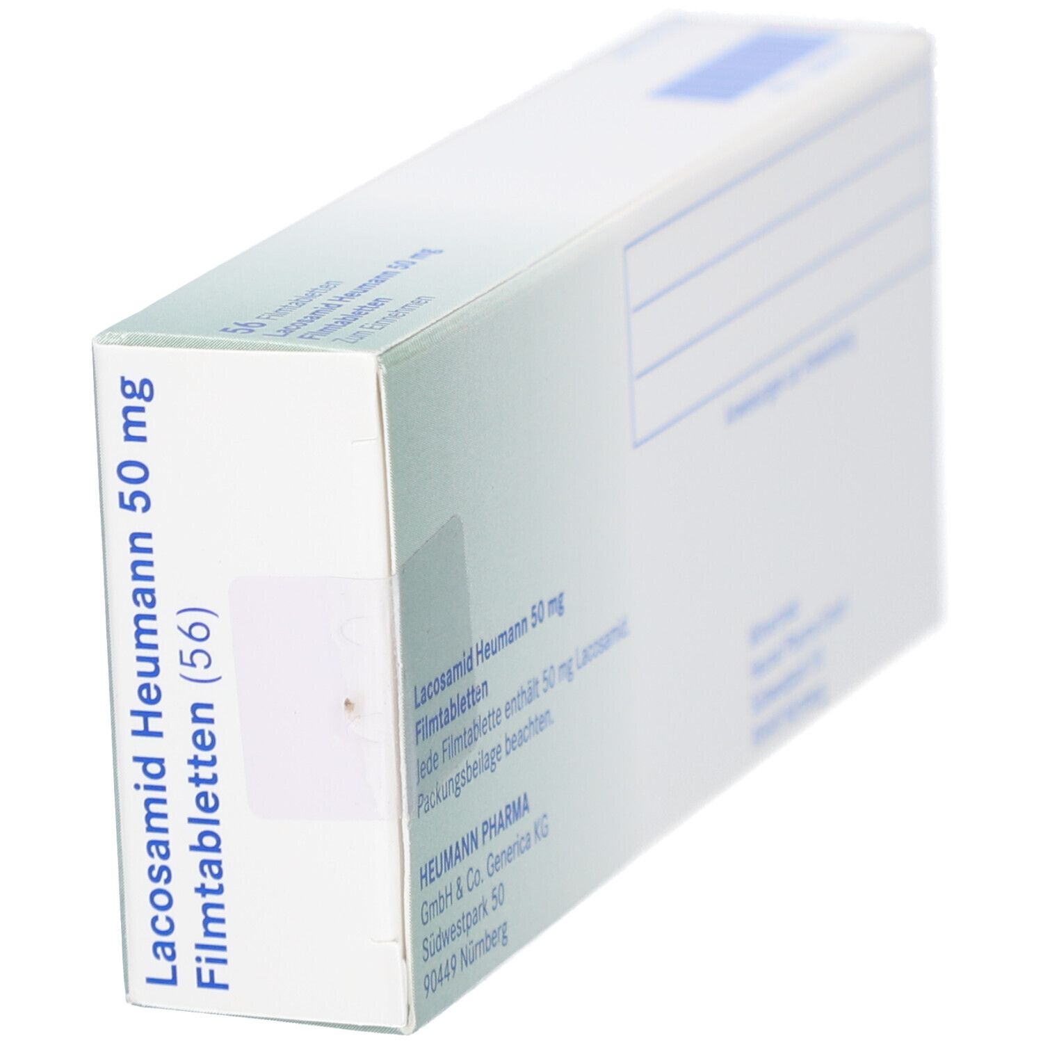 Seitenansicht der Schachtel LACOSAMID Heumann 50 mg Filmtabletten. Produktname und Packungsgröße.