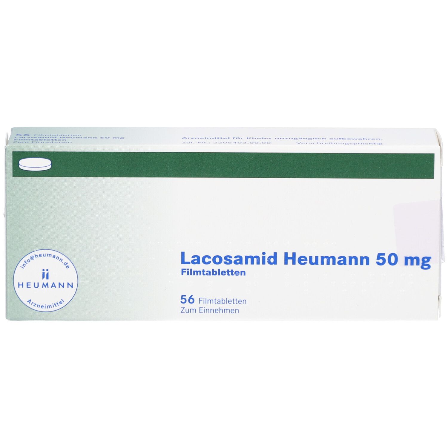 Schachtel LACOSAMID Heumann 50 mg Filmtabletten. Vorderansicht, Produktname, Logo und Packungsgröße.