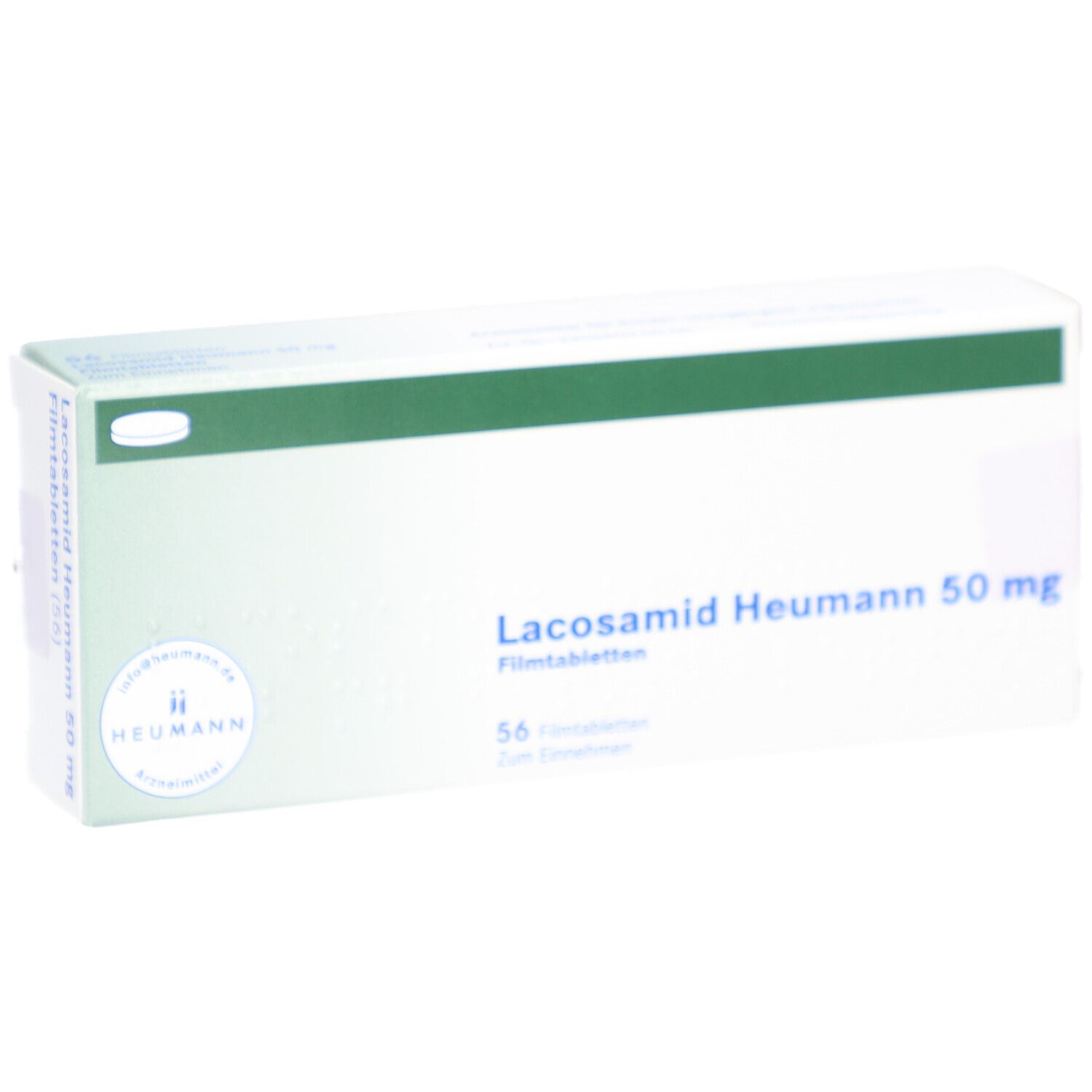 Schachtel LACOSAMID Heumann 50 mg Filmtabletten. Vorderansicht, Produktname, Logo und Packungsgröße.