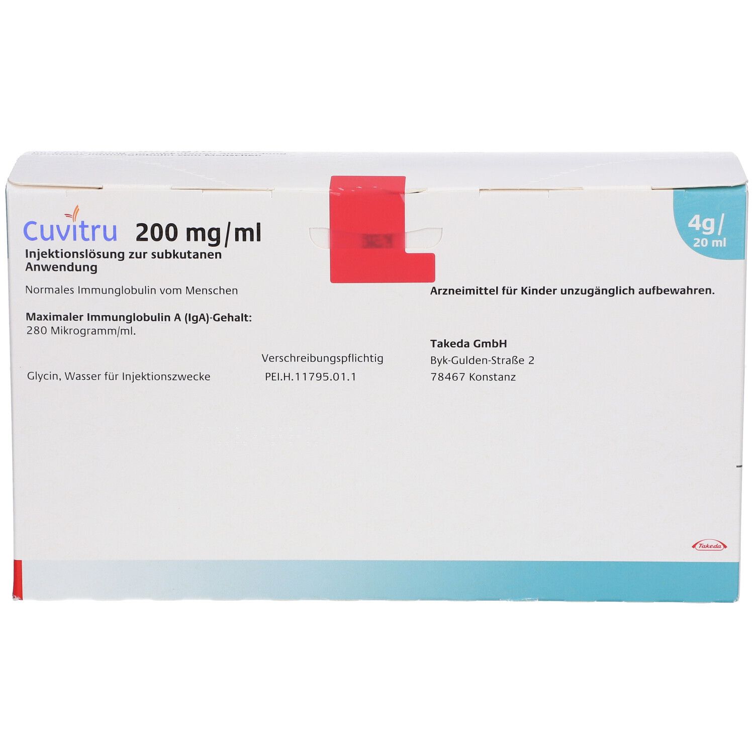 Karton mit CUVITRU 200 mg/ml. Aufschrift: Injektionslösung zur subkutanen Anwendung. Enthält 4g/20ml. Roter Verschluss.