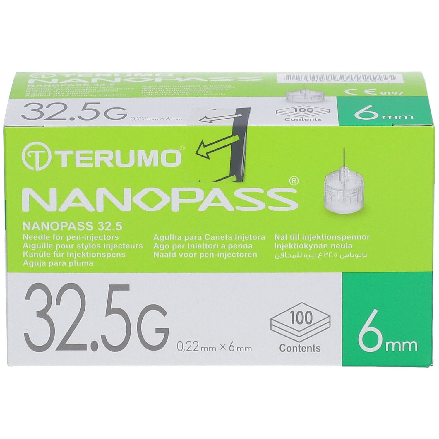 Grüne Schachtel TERUMO Nanopass 32.5G 6mm. Aufdrucke: 32.5G, 6mm, 100 Stück. Nadel-Symbol.