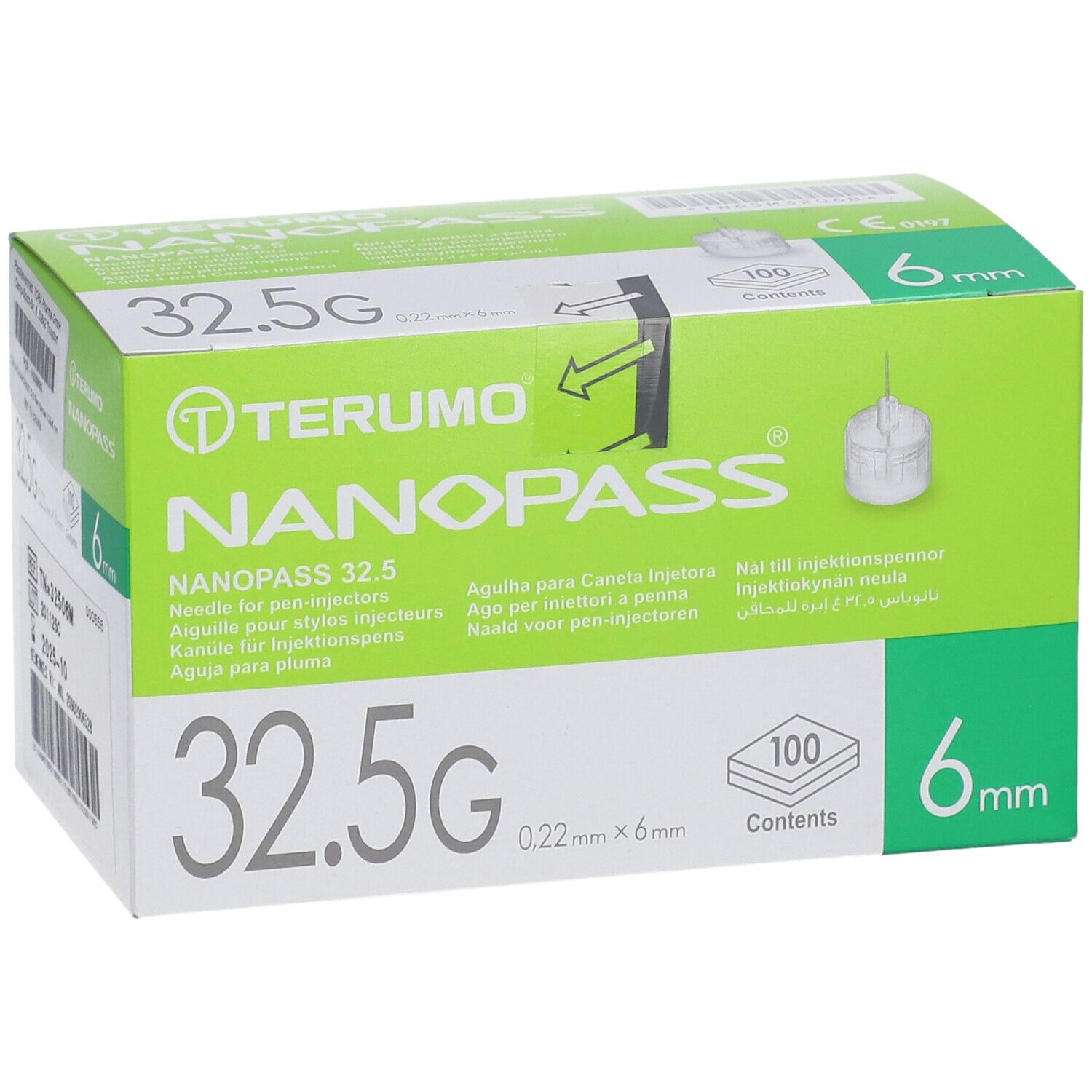 Grüne Schachtel TERUMO Nanopass 32.5G 6mm. Aufdrucke: 32.5G, 6mm, 100 Stück. Nadel-Symbol.