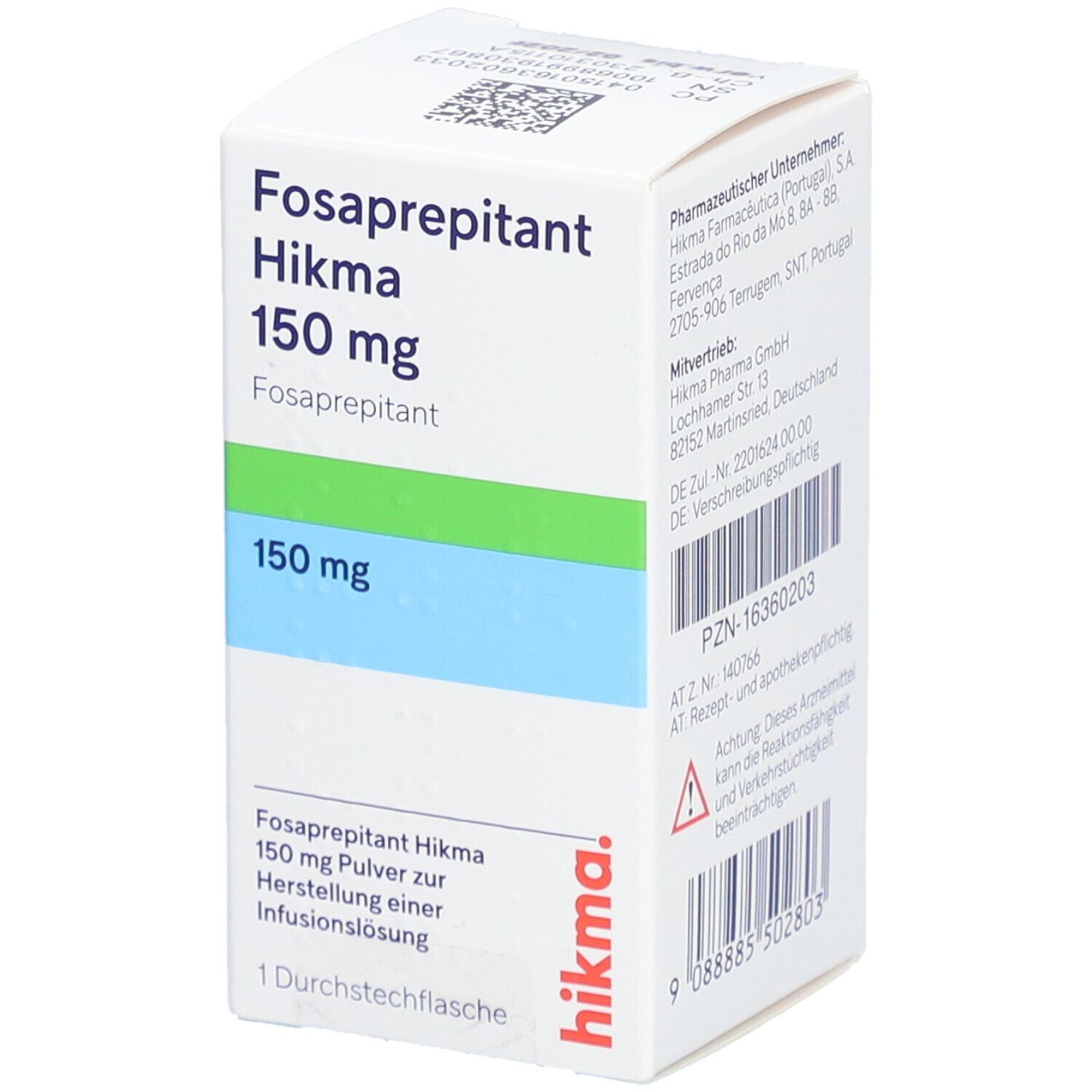 Fosaprepitant Hikma 150 mg-Verpackung. Weißer Karton mit grünen und blauen Streifen. Text: 150 mg, Hikma-Logo.