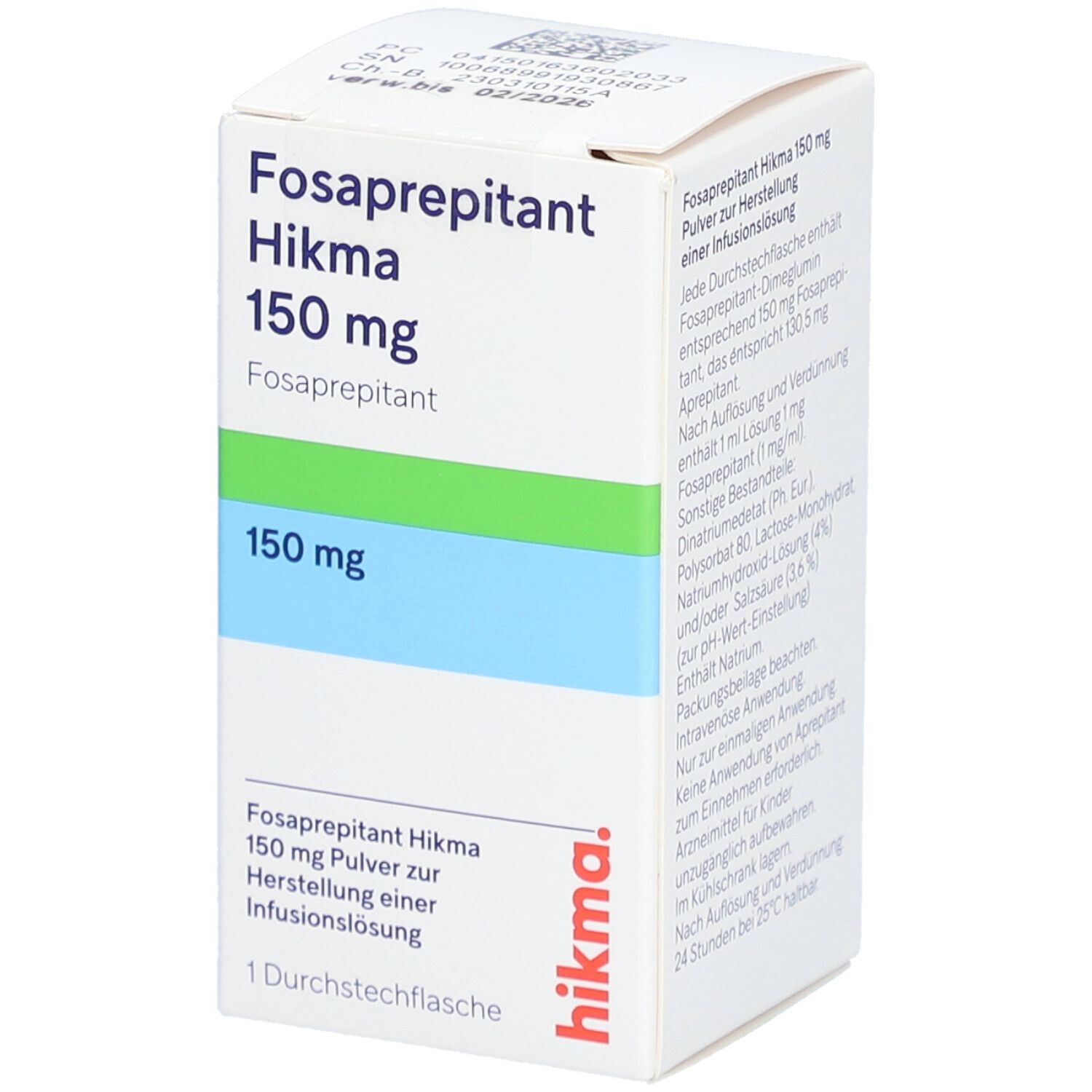 Fosaprepitant Hikma 150 mg-Verpackung. Weißer Karton mit Text und grünen/blauen Streifen. Hikma-Logo. Rückseite mit Text.