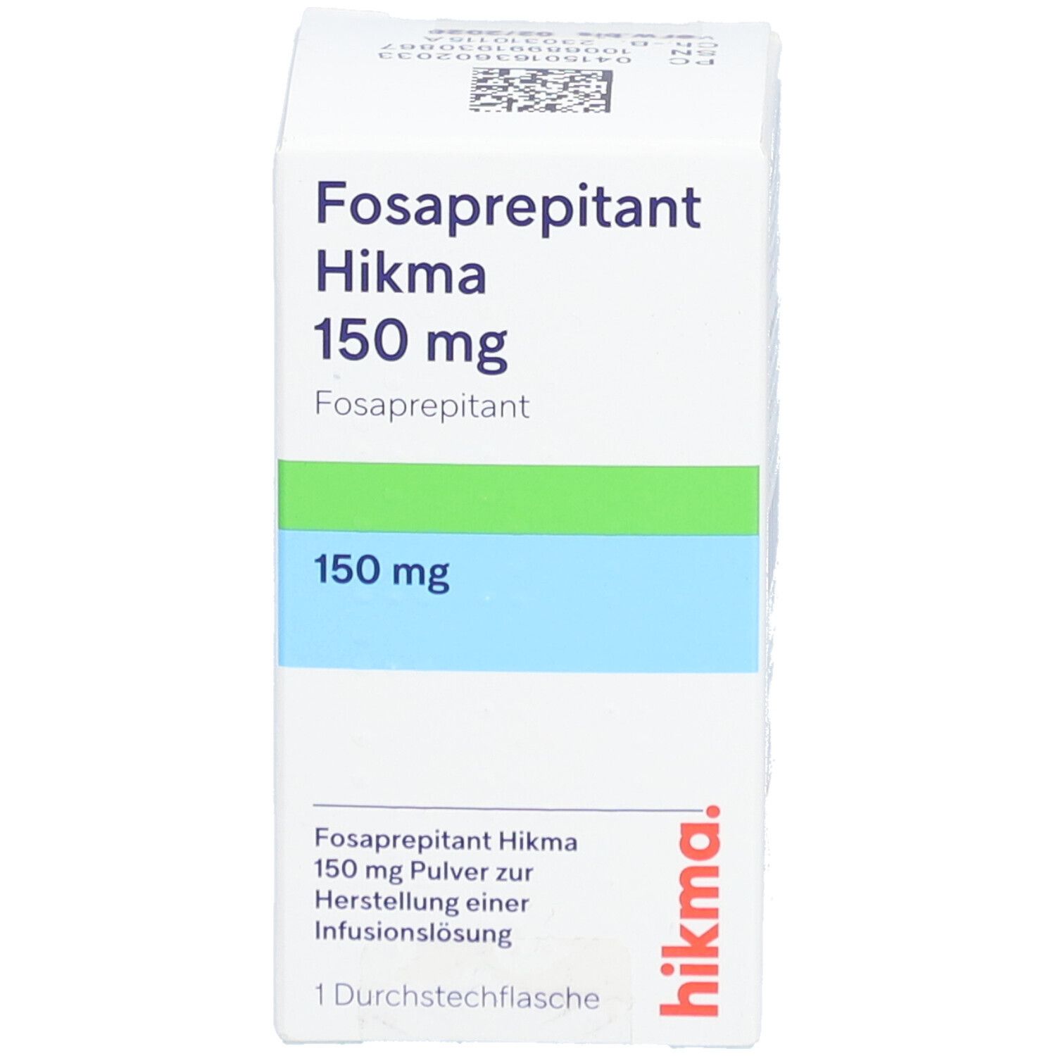 Fosaprepitant Hikma 150 mg-Verpackung. Weißer Karton mit Text und grünen/blauen Streifen. Hikma-Logo. Vorderansicht.