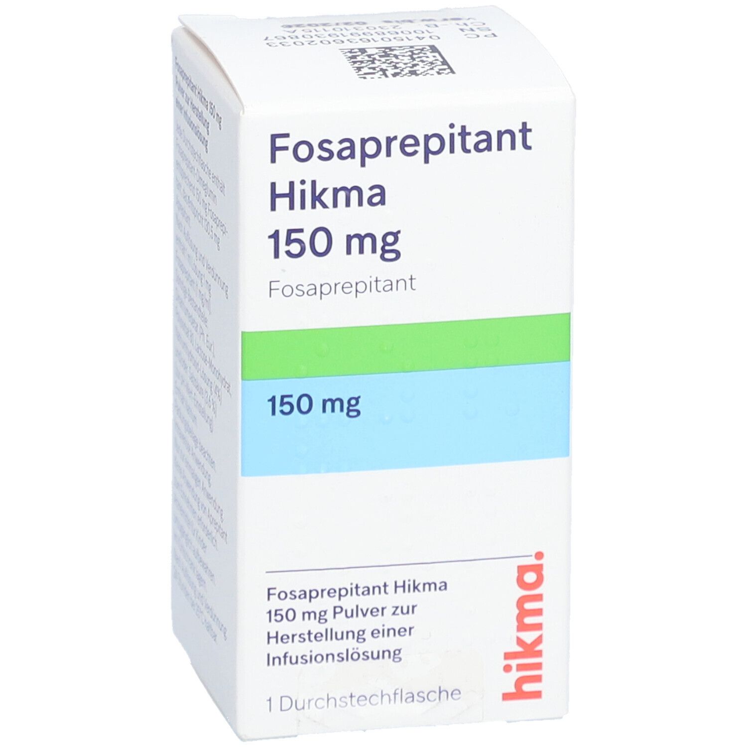 Fosaprepitant Hikma 150 mg-Verpackung. Weißer Karton mit Text und grünen/blauen Streifen. Hikma-Logo. Vorderansicht.