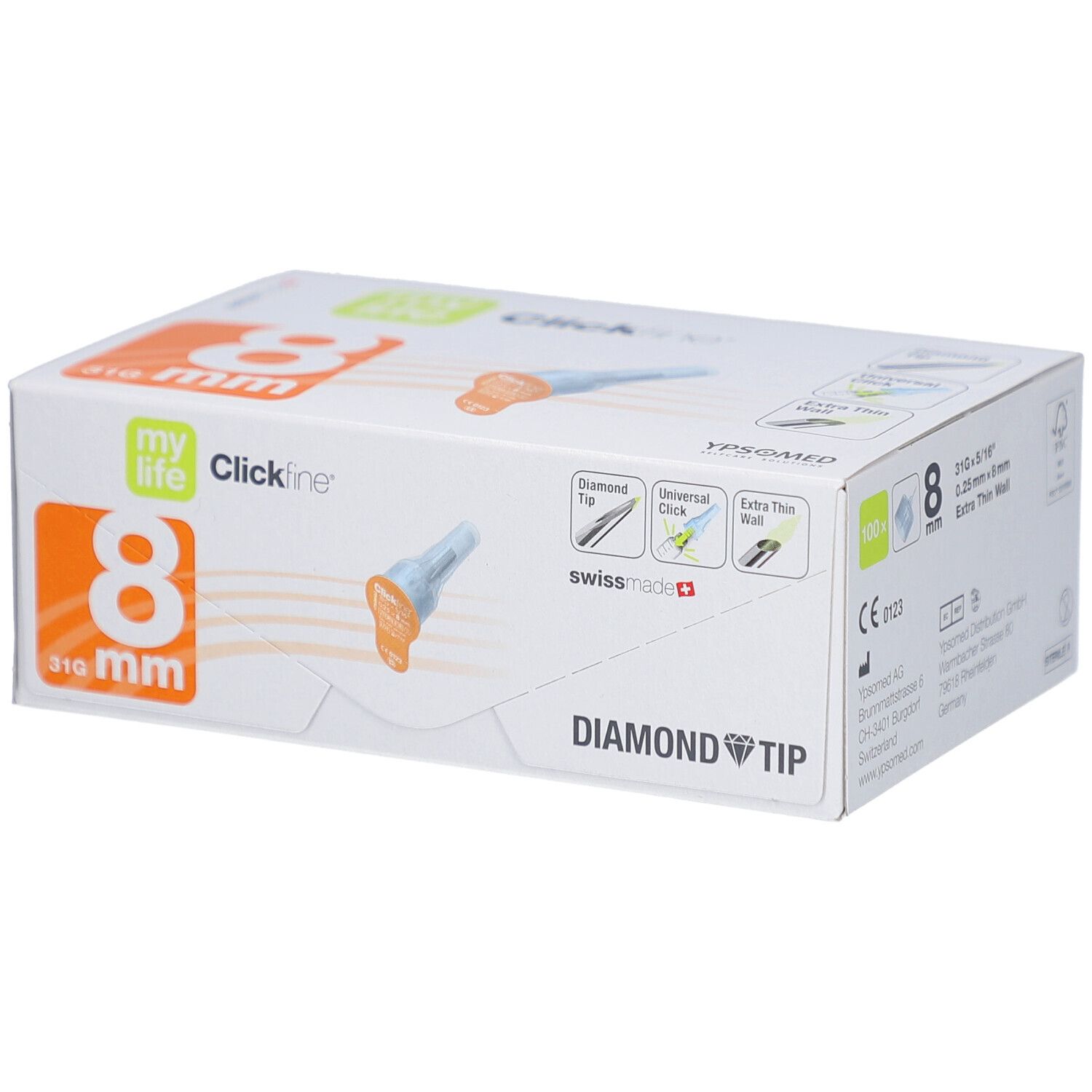 Verpackung von mylife Clickfine Diamond Tip Pen Nadeln 8 mm. Orangefarbene und blaue Elemente. Swiss Made.