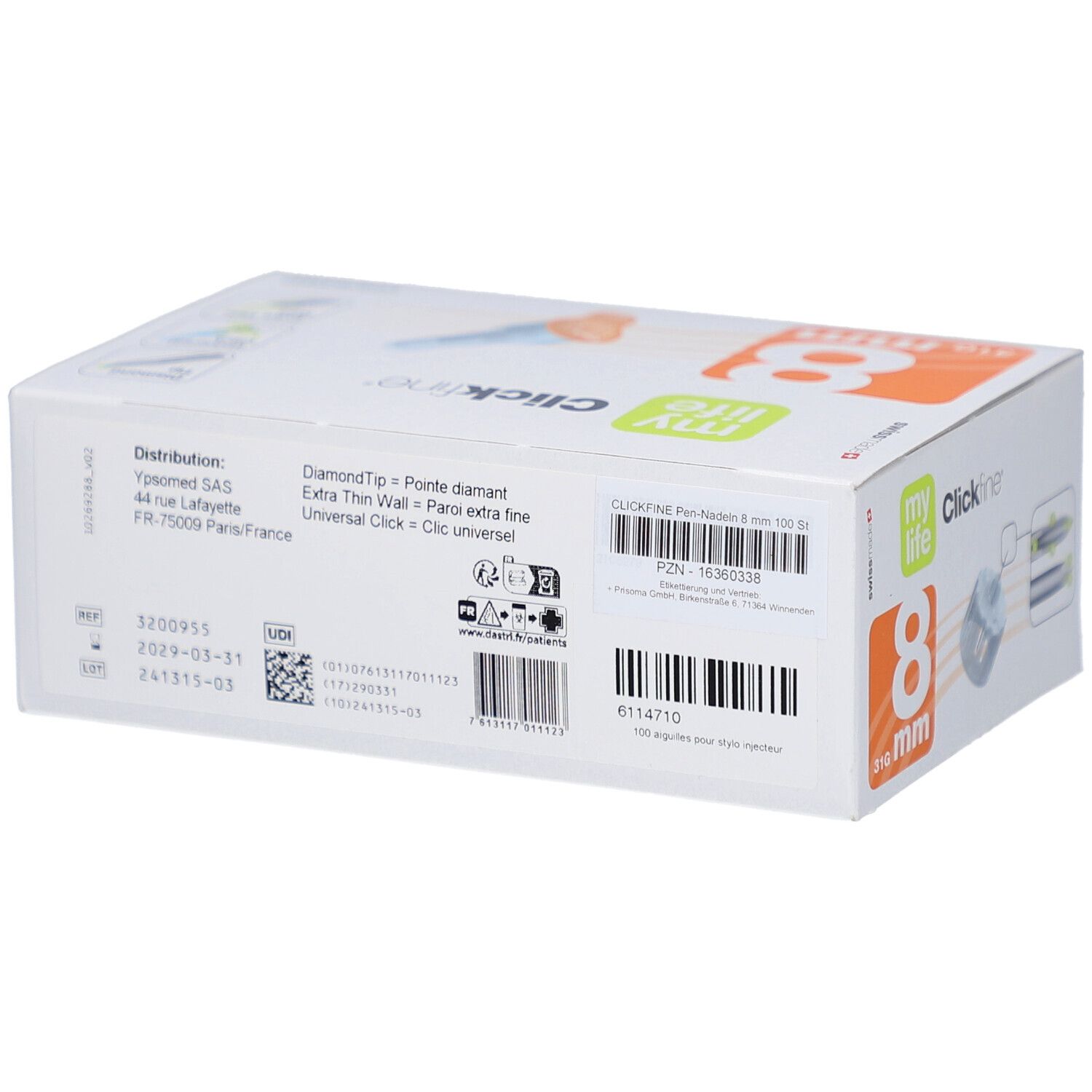 Verpackung von mylife Clickfine Pen Nadeln 8 mm. Produktinformationen und Barcode. CE-Kennzeichnung.