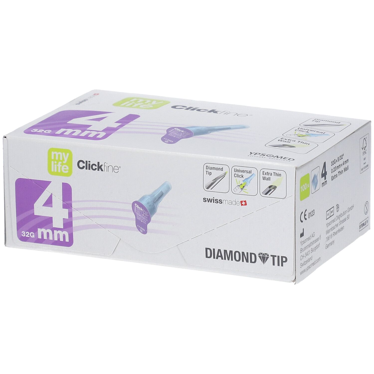 Verpackung mit Produktabbildung, 4 mm Nadeln, Diamond Tip. Marke: my life Clickfine. Swiss made.