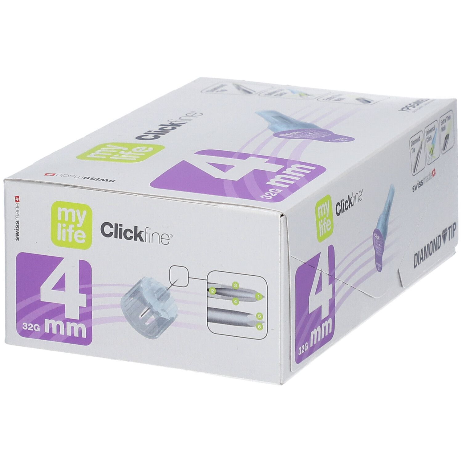 Produktverpackung mit 4 mm Nadeln, Diamond Tip. Marke: my life Clickfine. Swiss made. Abbildung der Nadeln.