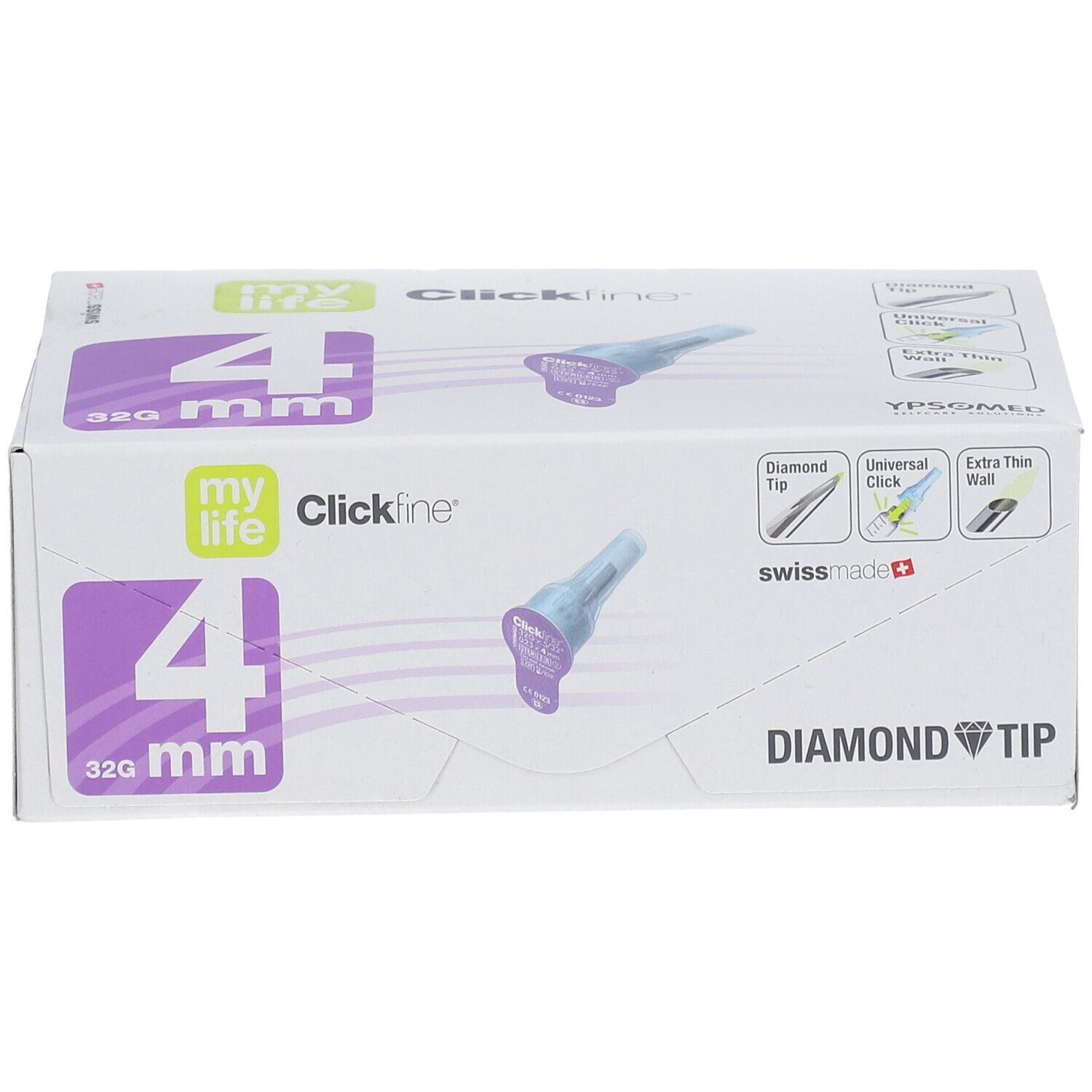 Verpackung mit Produktabbildung, 4 mm Nadeln, Diamond Tip. Marke: my life Clickfine. Swiss made.