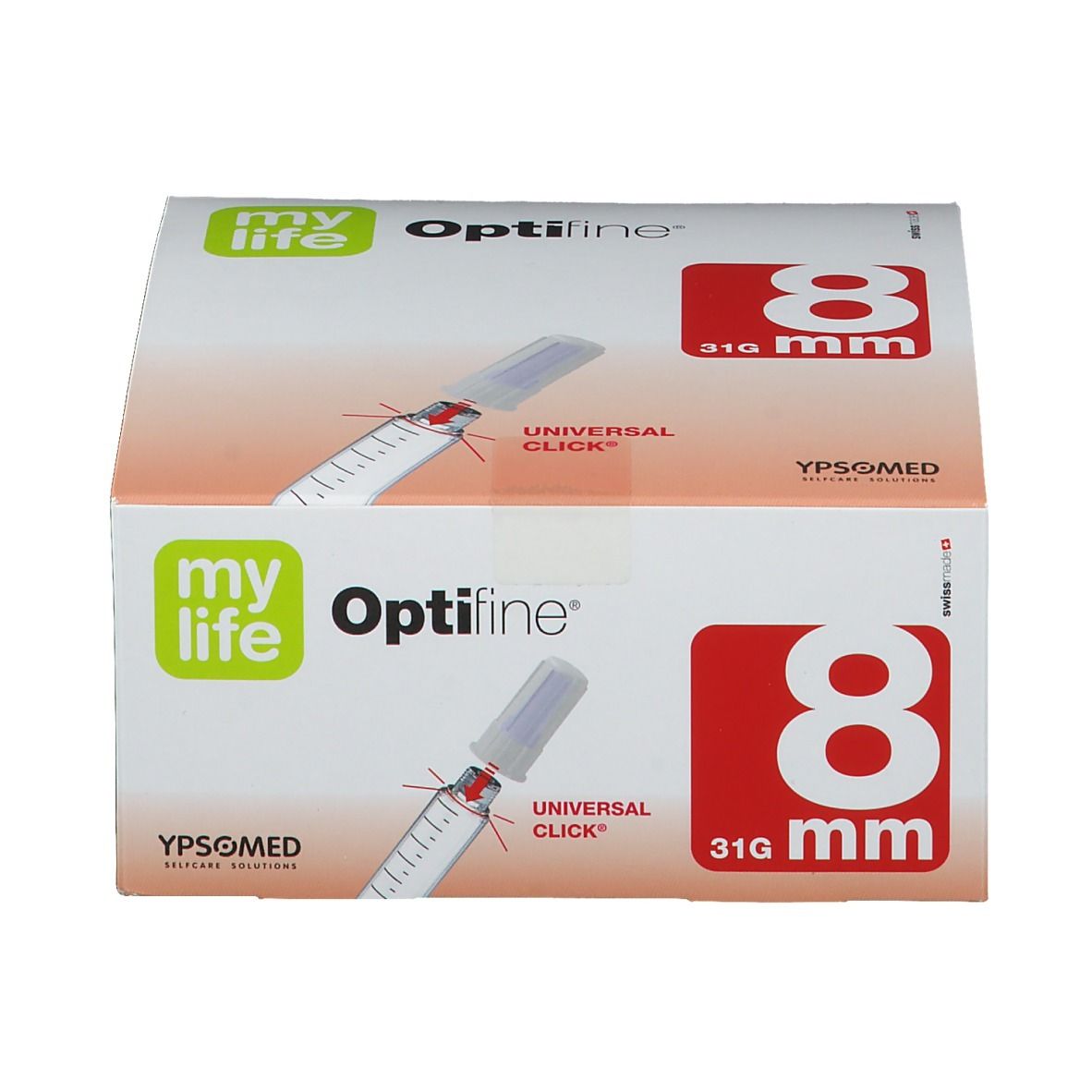 Verpackung mit Produktabbildung. Aufschrift: myLife Optifine 8 mm, 31G. Hersteller: YPSOMED.