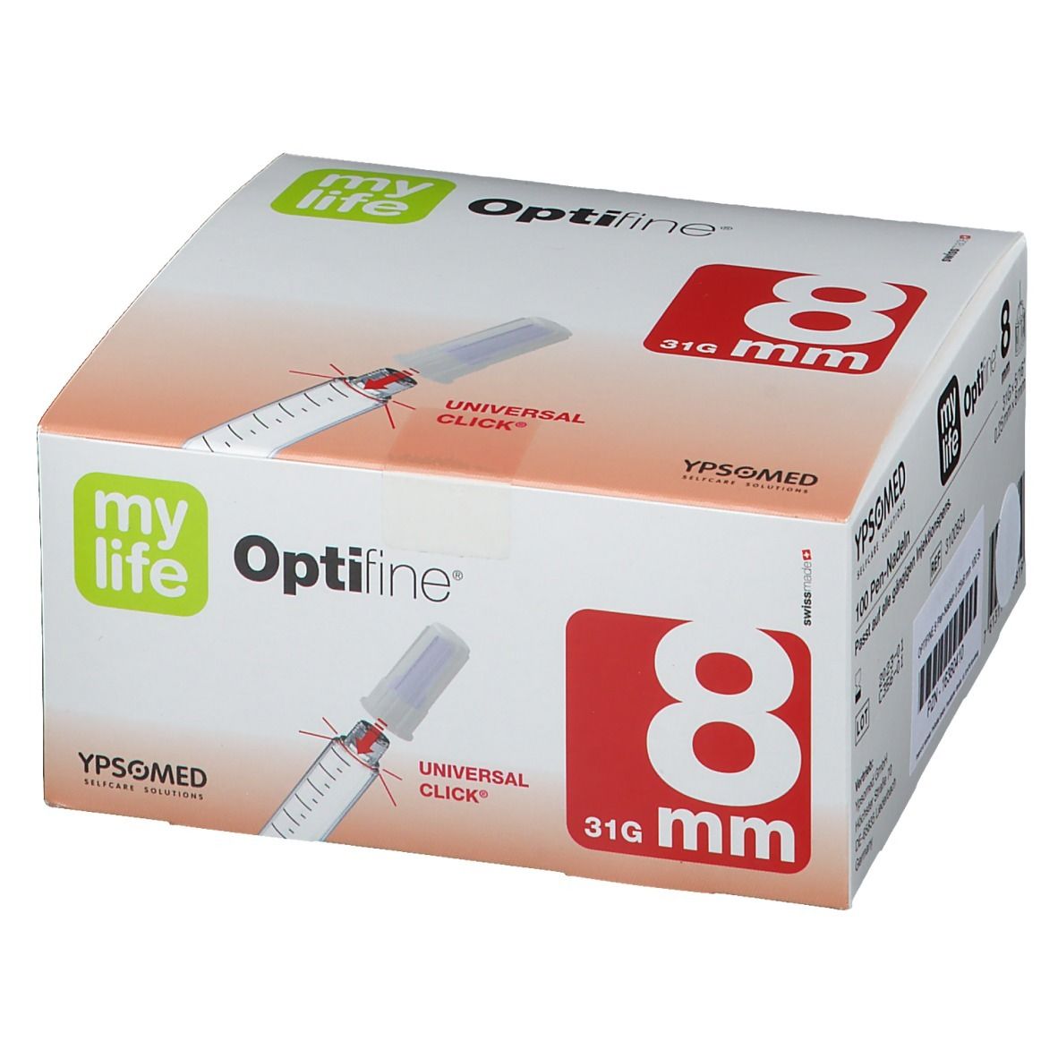 Verpackung mit Produktabbildung. Aufschrift: myLife Optifine 8 mm, 31G. Hersteller: YPSOMED.