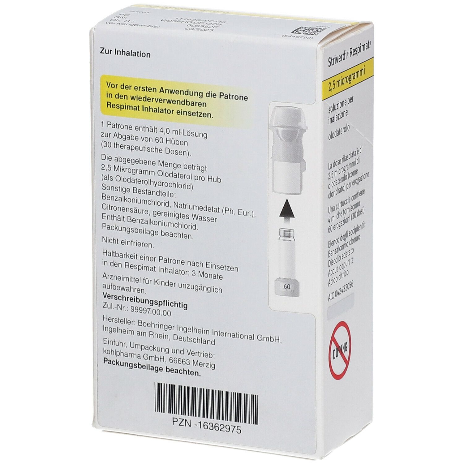 Rückseite der Schachtel Striverdi Respimat. Text zur Anwendung. Abbildung des Inhalators und der Patrone. Doping-Verbot.
